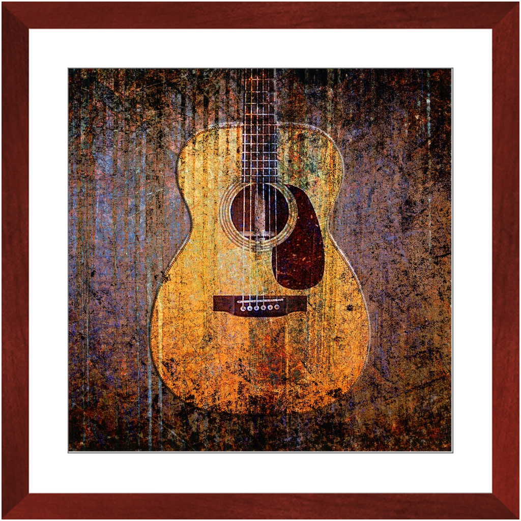 Acoustic Guitar Print on Archival Paper in Cherry Color Wood Frame 20x20