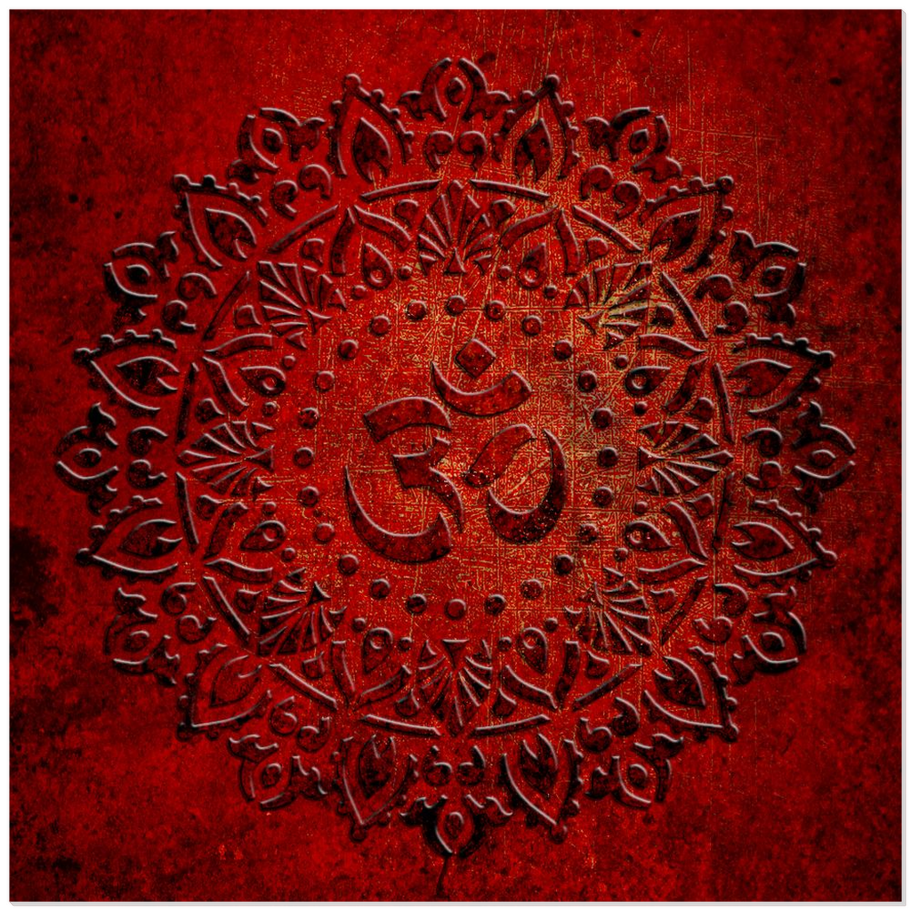 Om Symbol Mandala Style on Lava Red Background Printed on a Crystal Clear Acrylic Panel image