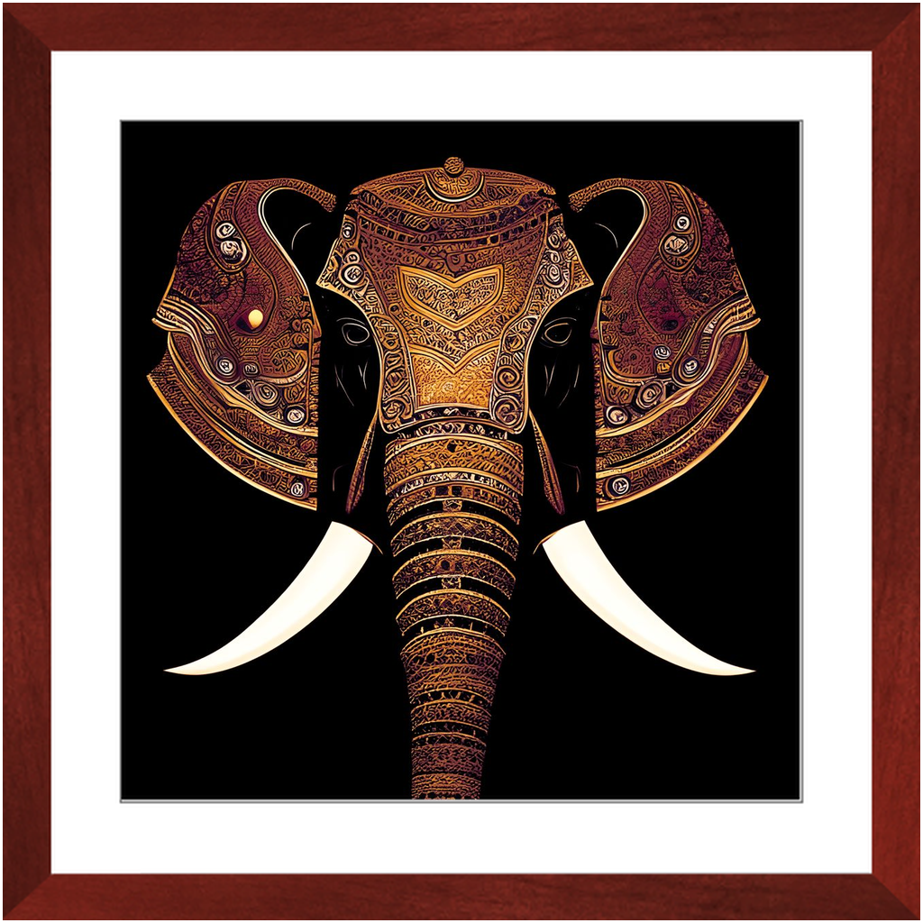 Indian Elephant Head With Parade Colors Print Framed in a Cherry Color Wood Frame 20x20