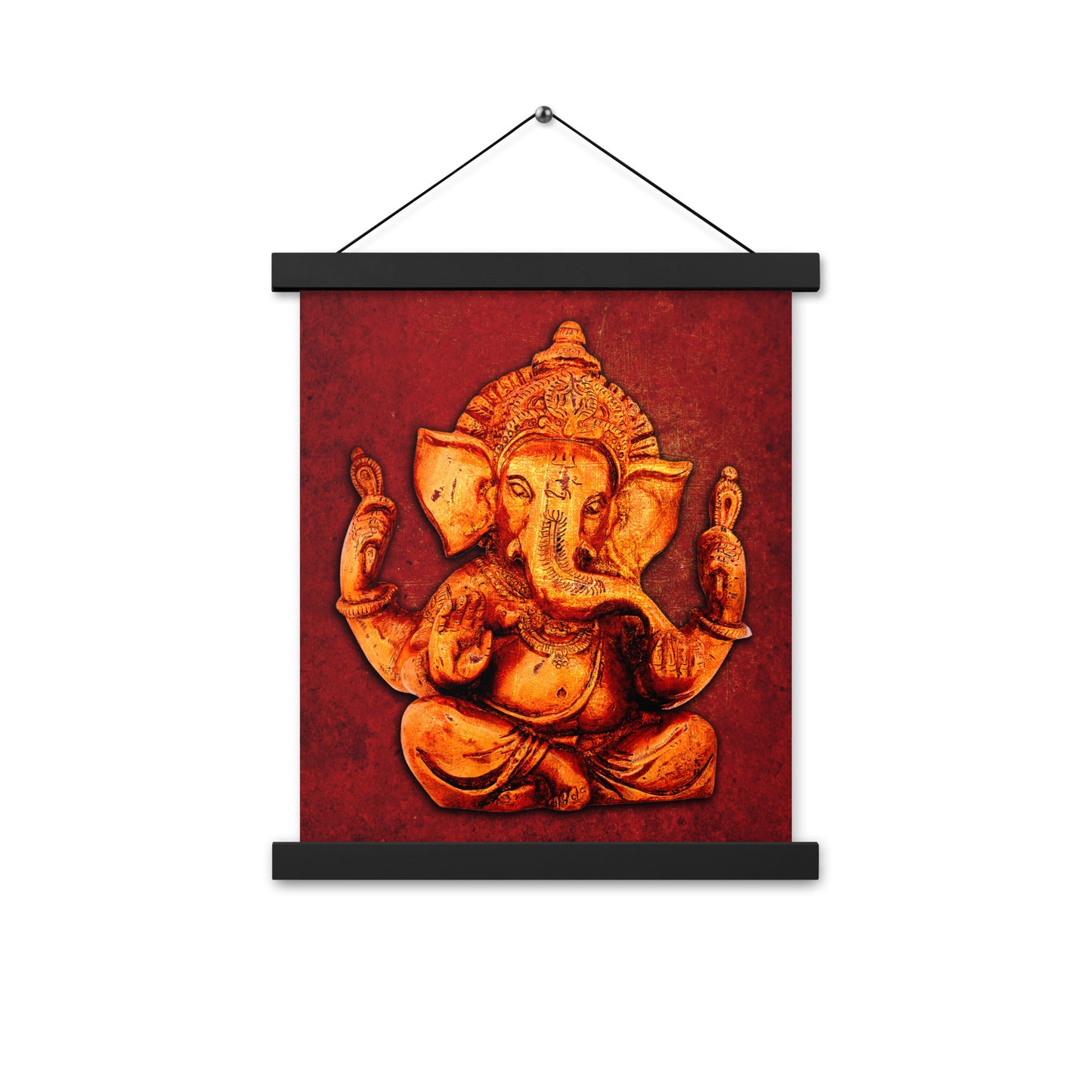 Wall Art Golden Ganesha on a Distressed Lava Red Background Printed on Archival Paper with Magnetic Wood Hangers 11x14