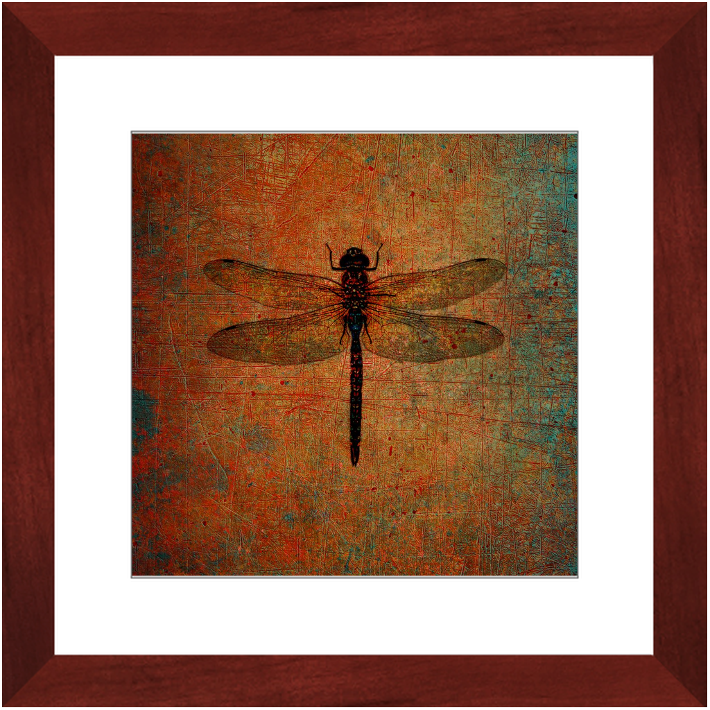 Dragonfly on Distressed Brown Background Framed in a Square Cherry Color Wood Frame 12x12