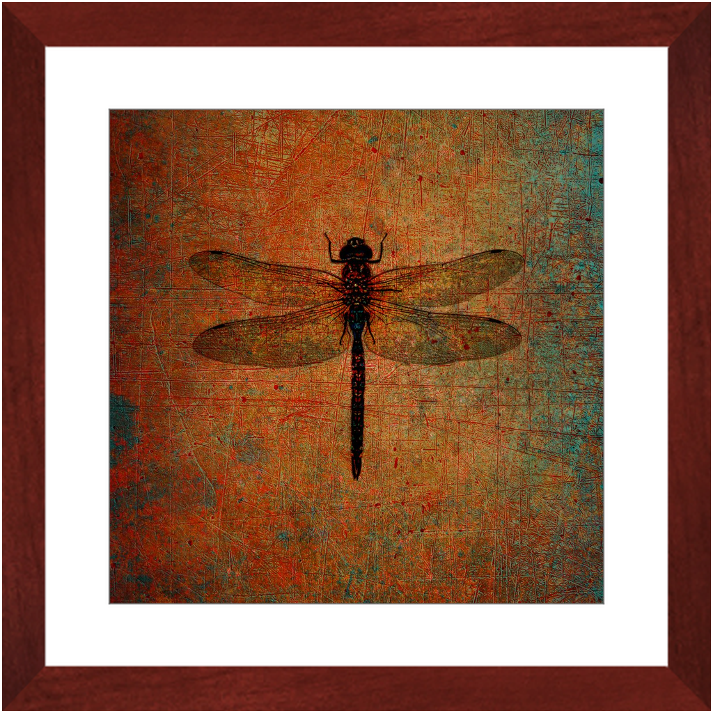 Dragonfly on Distressed Brown Background Framed in a Square Cherry Color Wood Frame 16x16