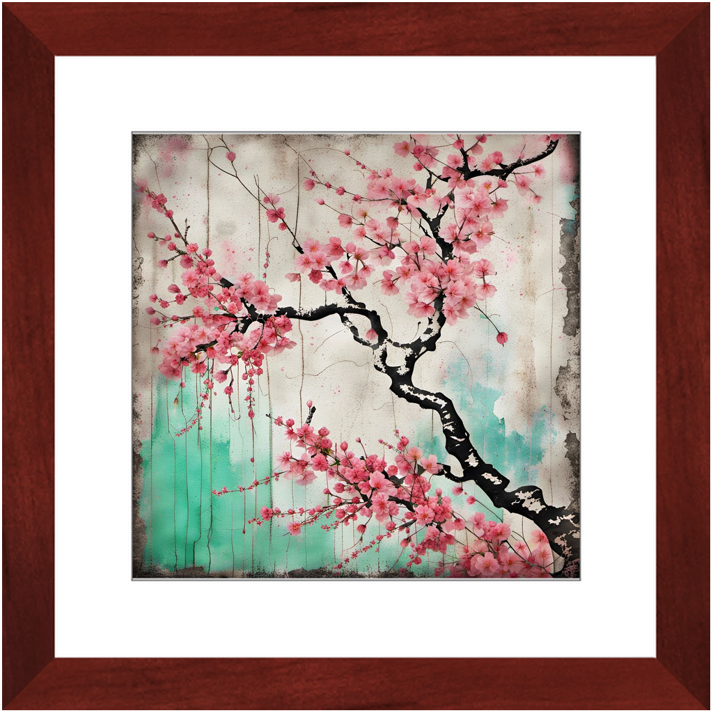 Cherry Blossoms Street Art Style Print on Archival Paper in Cherry Color Wood Frame 12x12