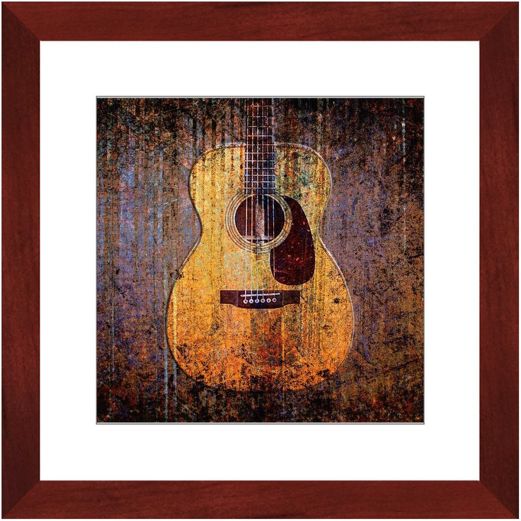 Acoustic Guitar Print on Archival Paper in Cherry Color Wood Frame 12x12
