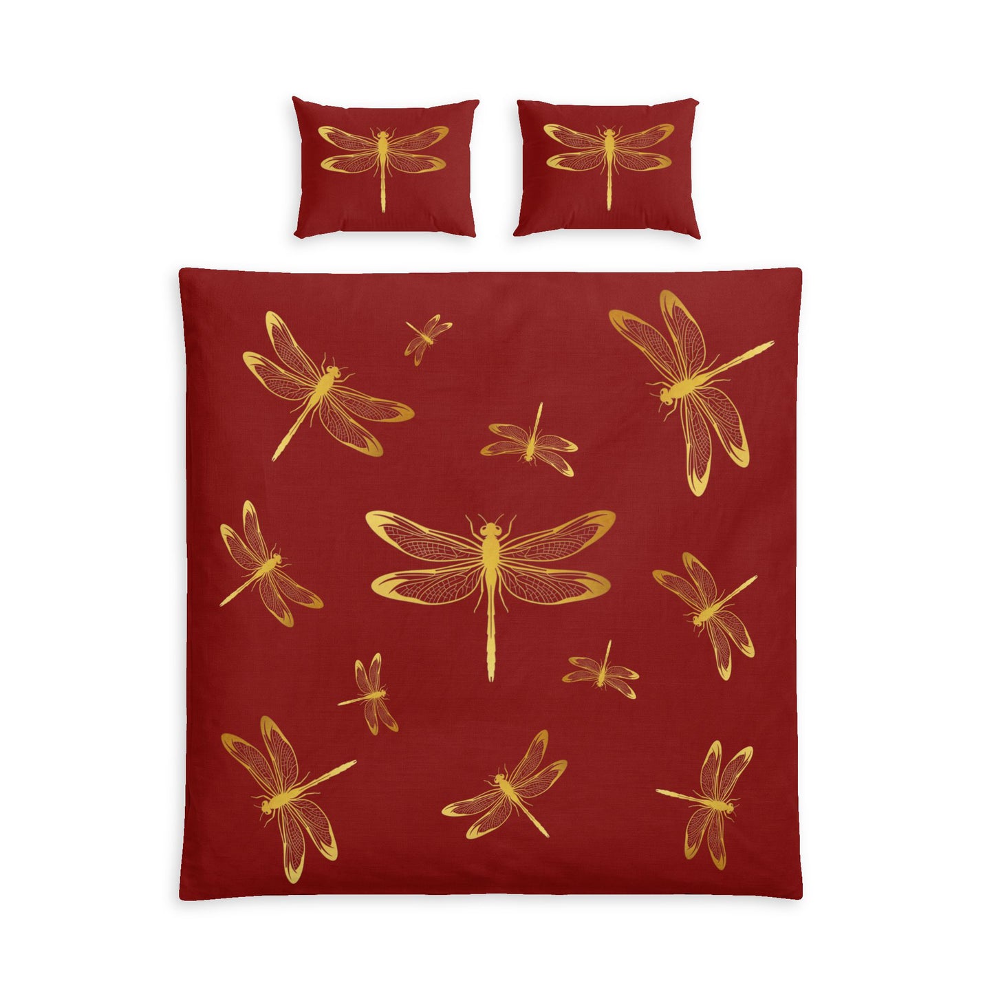A bedding set featuring a duvet cover and two matching pillowcases, all in a deep red color with a pattern of metallic gold dragonflies, shown against a plain white background. Queen