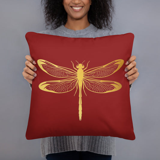 Gold Dragonflies on Strawberry Red Background Throw Pillow