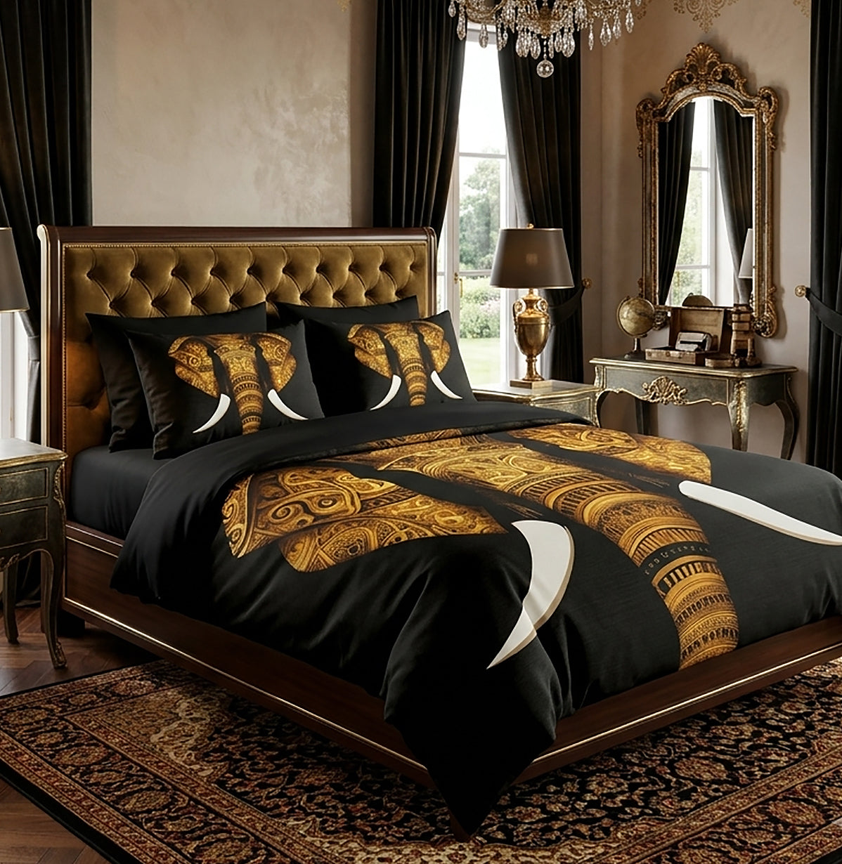 A luxury bed dressed in a black and gold animal print bedding set, featuring a large elephant design and tusks, styled in a dark, ornate bedroom with a tufted headboard, gold mirror, and patterned rug.