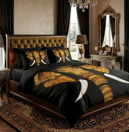 A luxury bed dressed in a black and gold animal print bedding set, featuring a large elephant design and tusks, styled in a dark, ornate bedroom with a tufted headboard, gold mirror, and patterned rug.