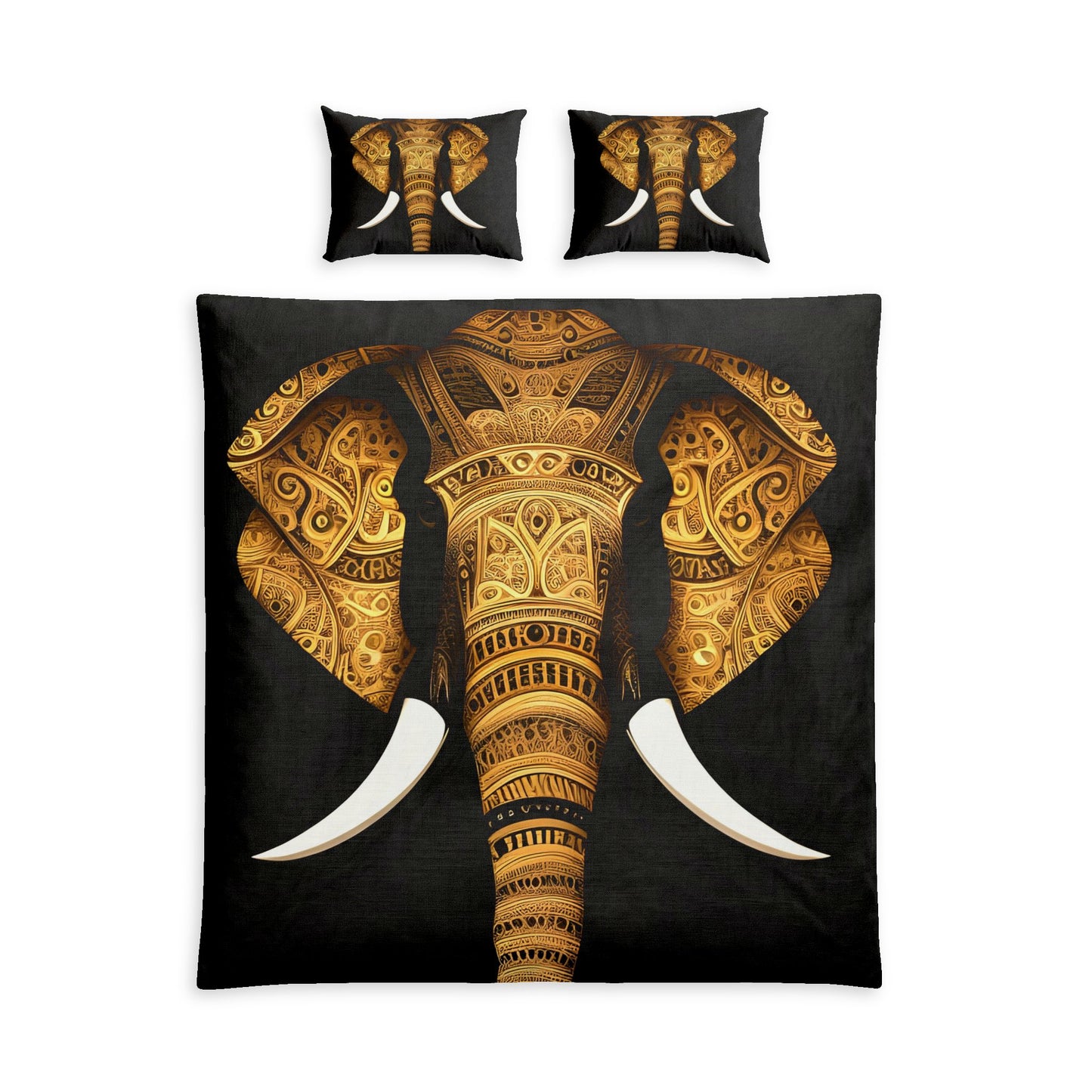A bedding set featuring a large decorative elephant head print on a black duvet cover and two matching pillowcases, shown on a plain white background.