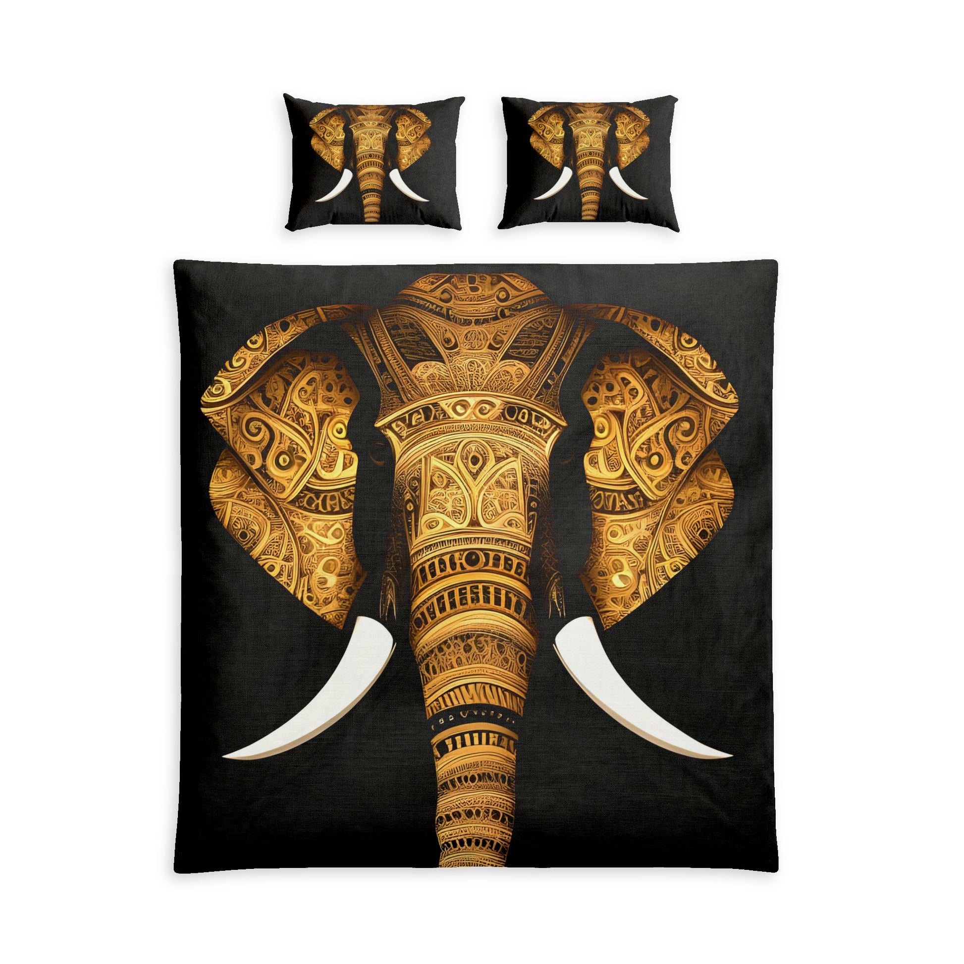 A bedding set featuring a large decorative elephant head print on a black duvet cover and two matching pillowcases, shown on a plain white background.
