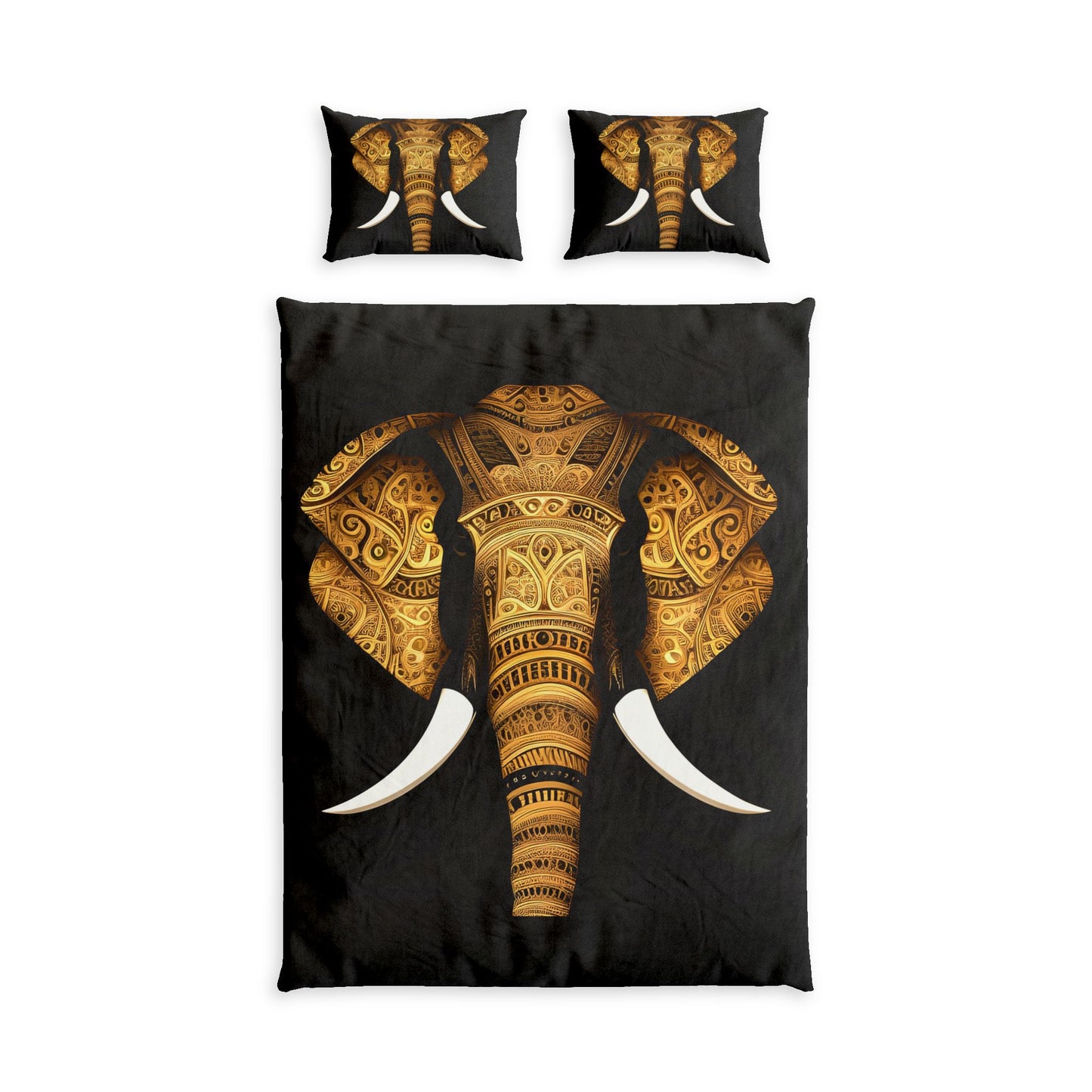 A bedding set featuring a large black duvet cover and two matching pillowcases, all printed with a detailed golden elephant design with white tusks on a plain white background.