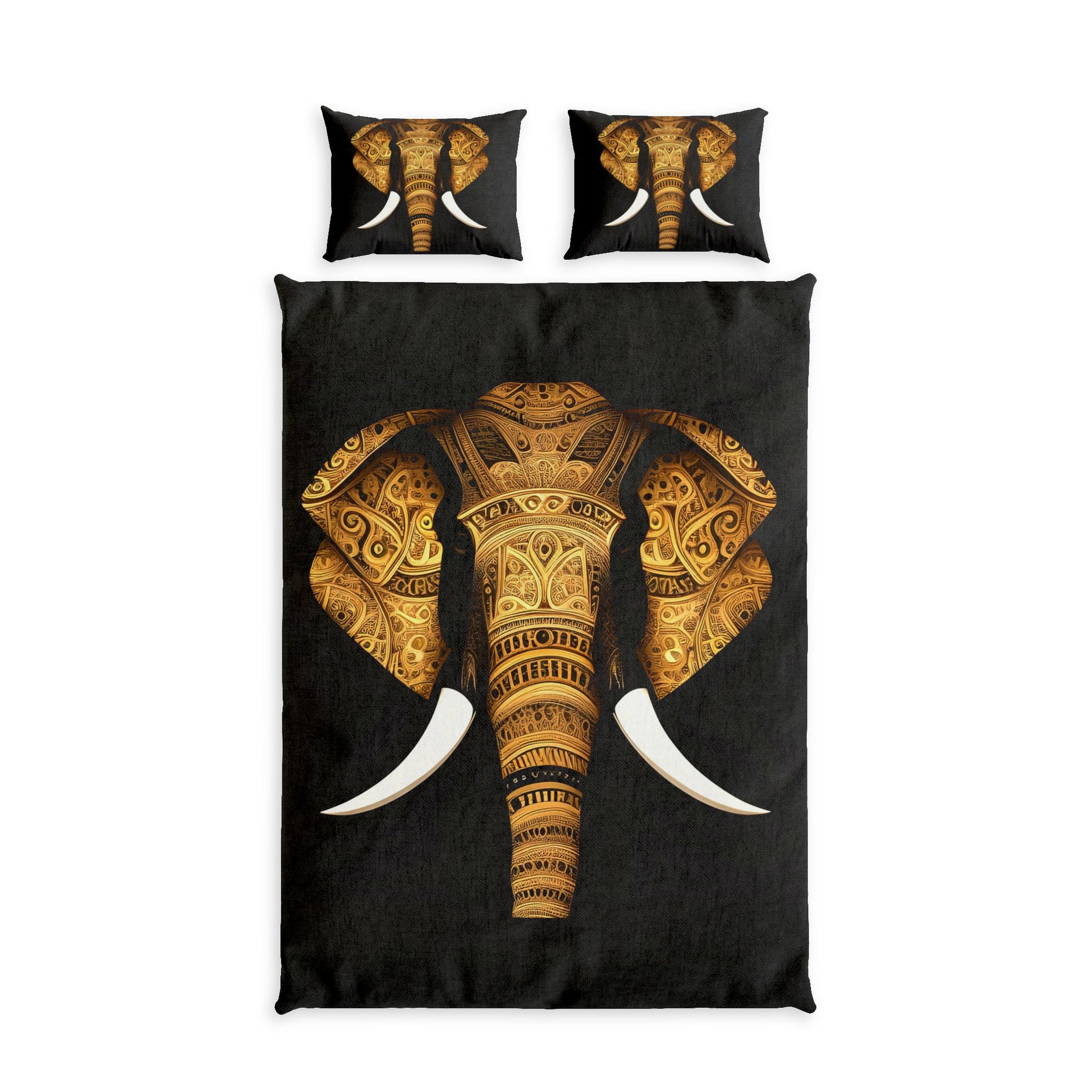 A bedding set featuring a black duvet cover and two matching pillowcases, all printed with a large ornate golden elephant head design with white tusks on a plain white background.