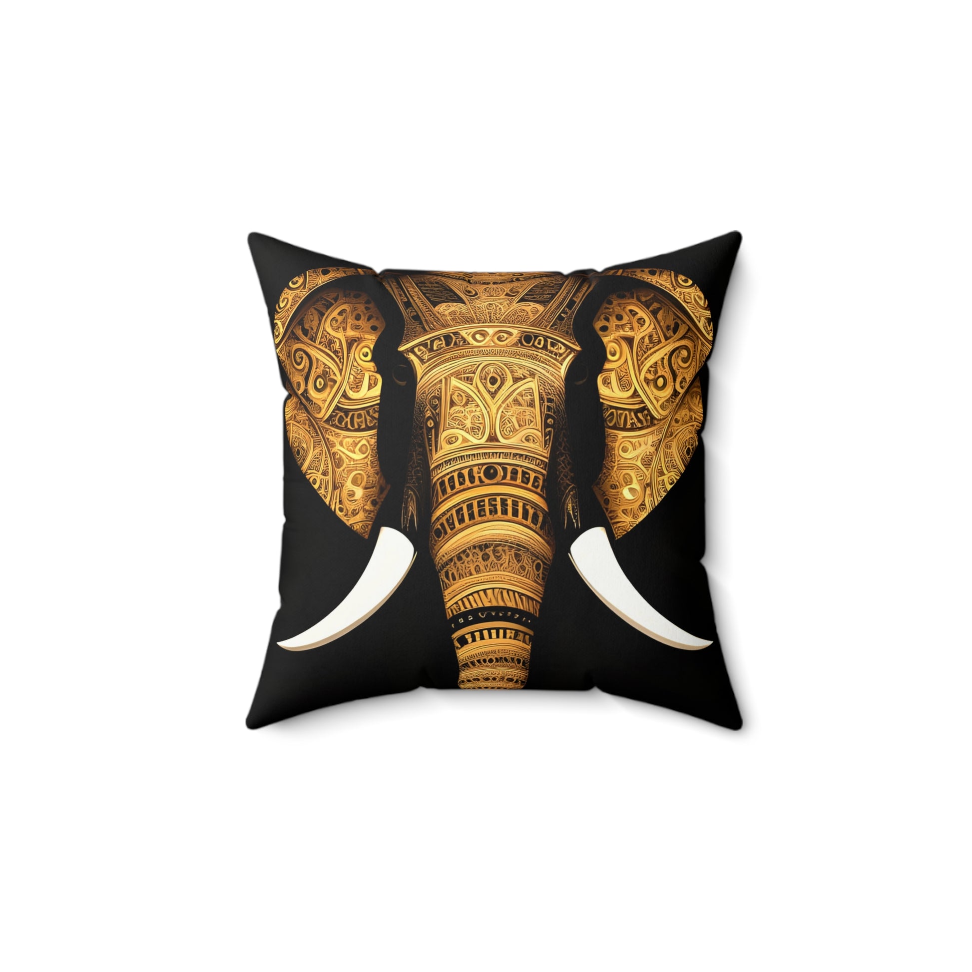 A square throw pillow featuring a detailed graphic print of an elephant head with ornate gold patterns on a black background, shown against a plain white studio backdrop.