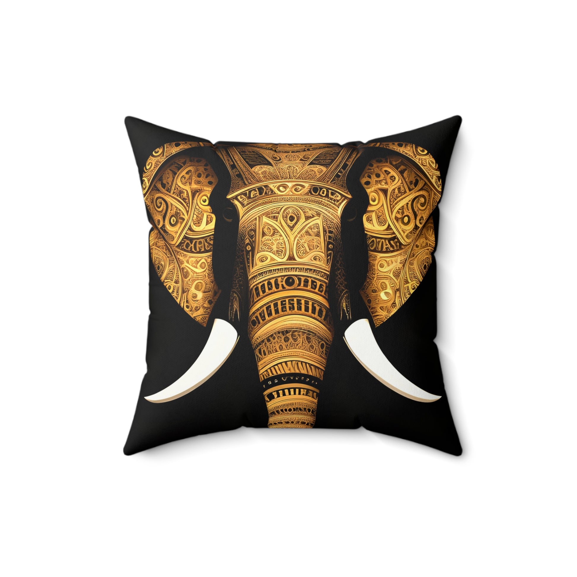 A square throw pillow featuring a detailed graphic print of an elephant head with ornate gold patterns on a black background, shown against a plain white studio backdrop.