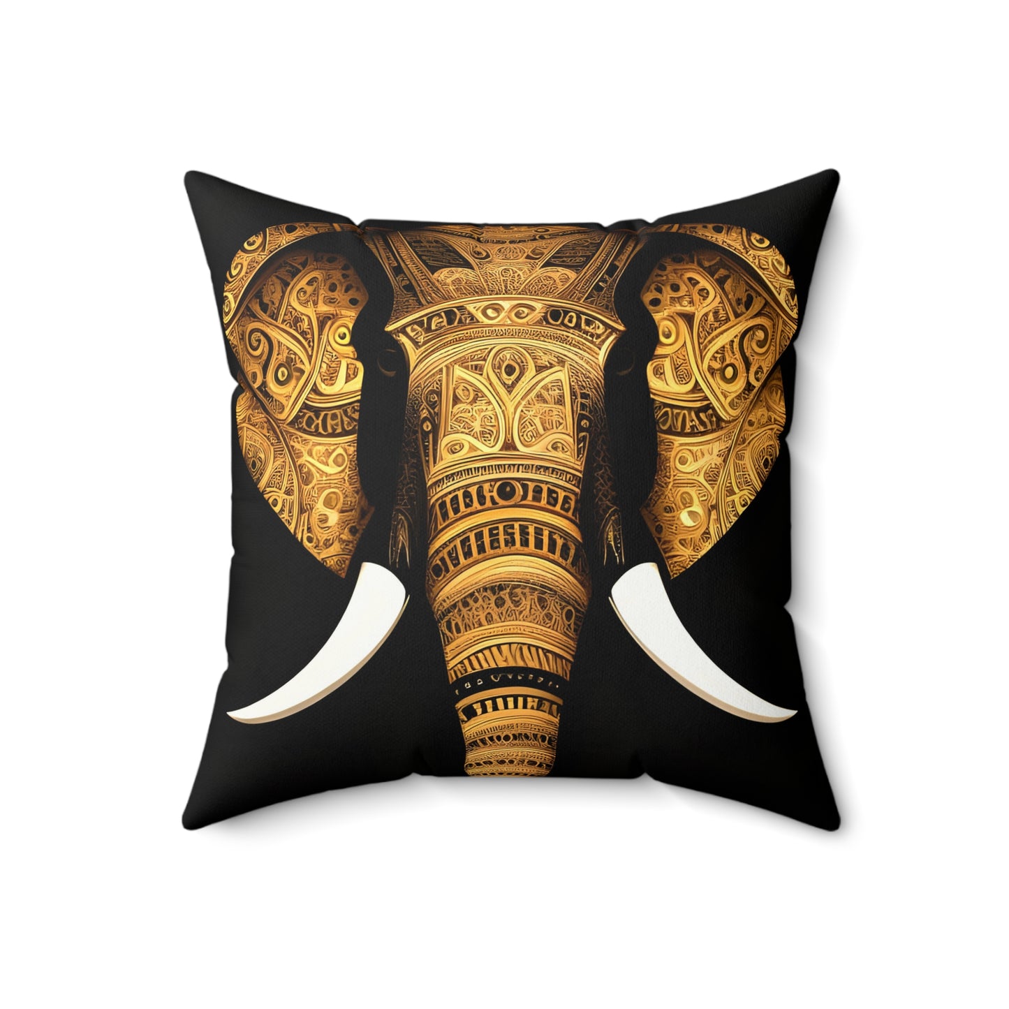 A square throw pillow featuring a detailed graphic of an elephant's face decorated with intricate gold tribal patterns on a black background, with white tusks.