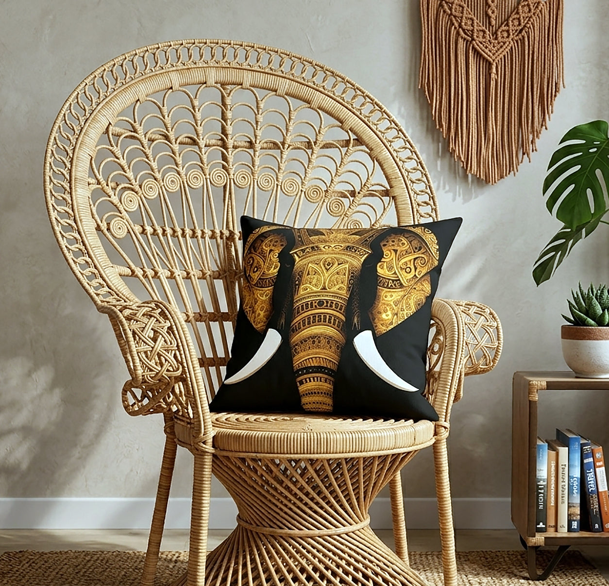 A decorative throw pillow featuring a golden elephant design on a black background, styled on a woven rattan peacock chair in a cozy room setting.