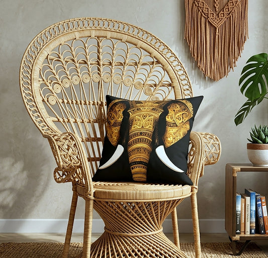 A decorative throw pillow featuring a golden elephant design on a black background, styled on a woven rattan peacock chair in a cozy room setting.