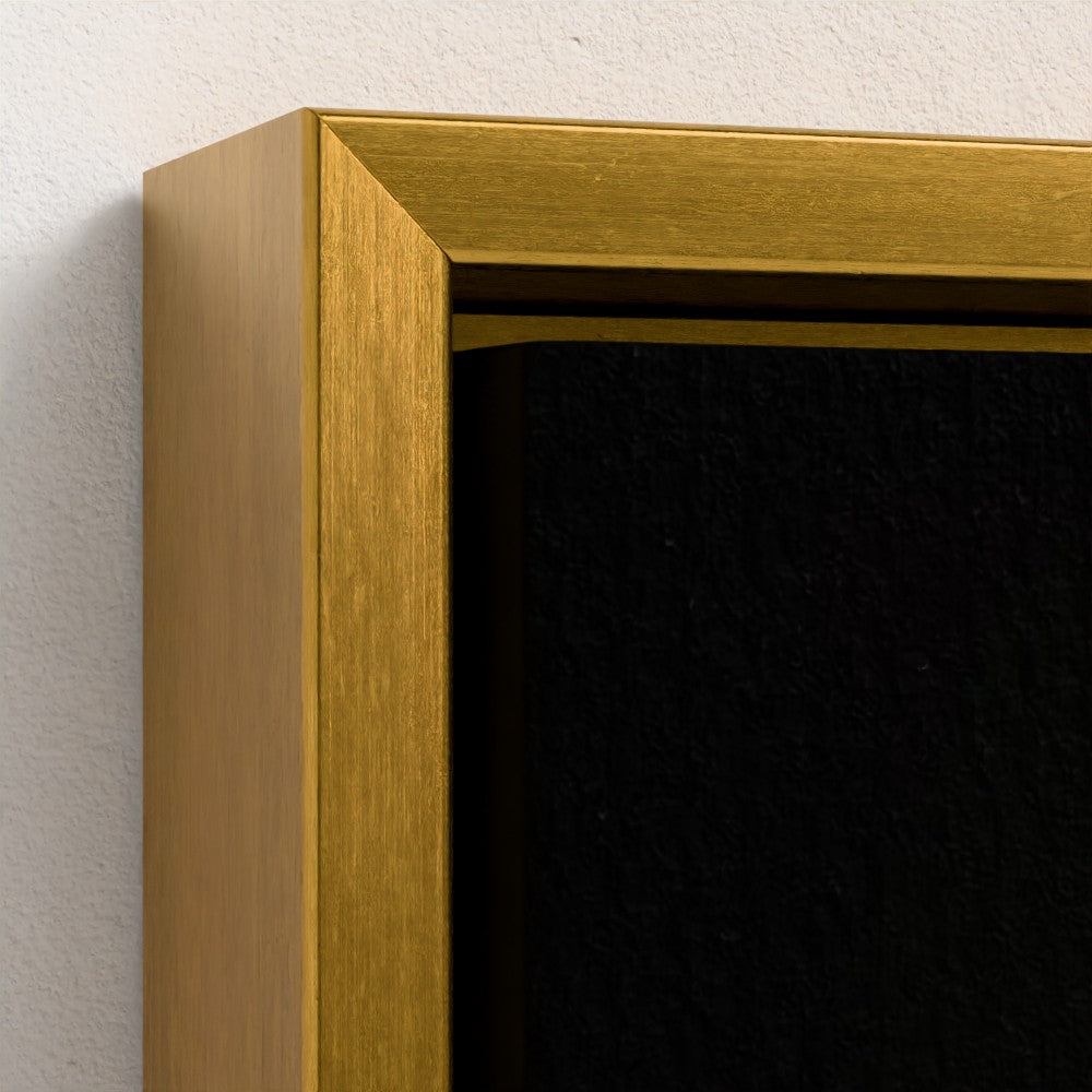 Close-up of a framed wall art piece showing a brushed gold metal frame corner with a black textured interior against a light off-white wall.