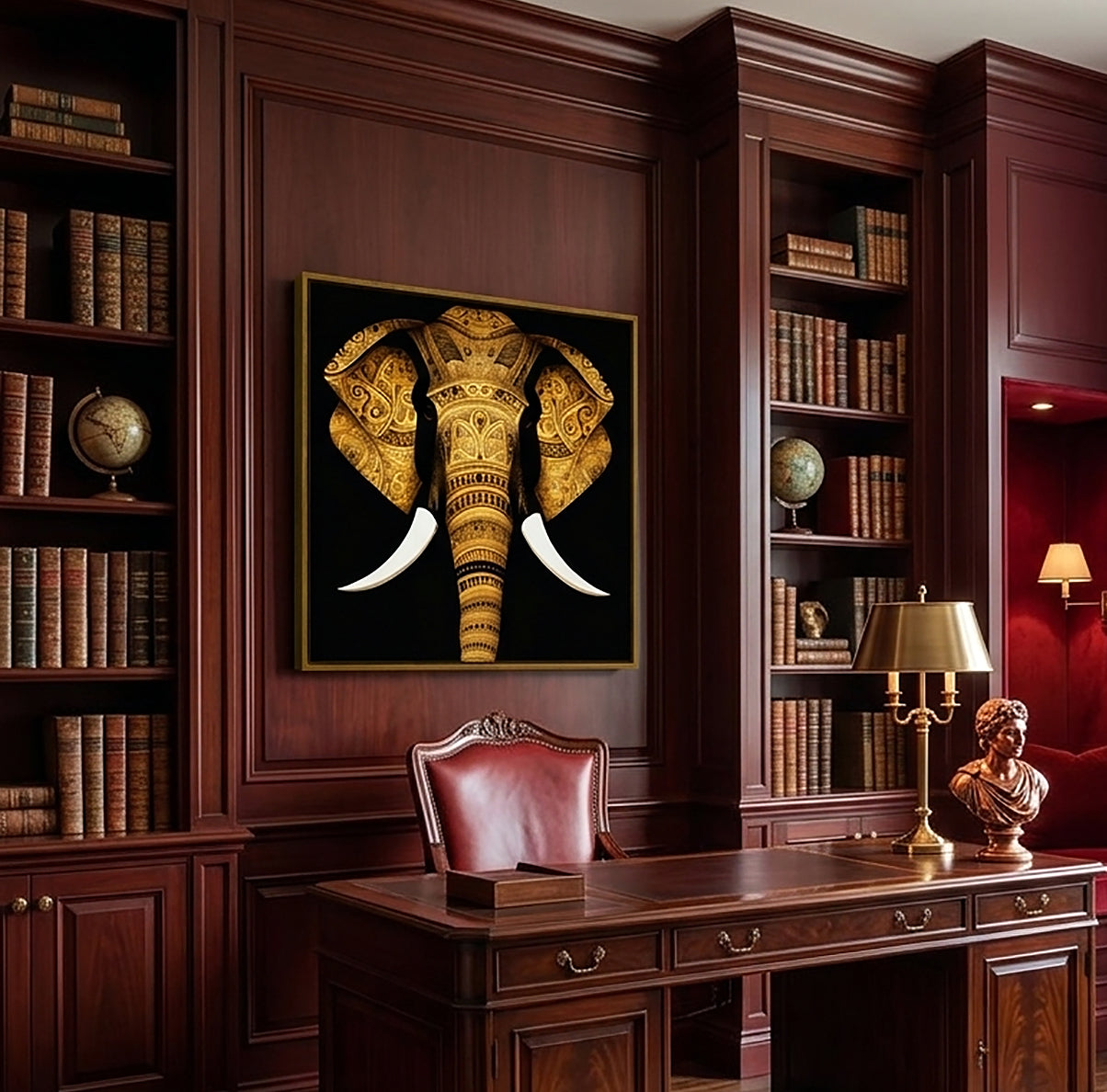 A framed wall art print of an ornate golden elephant with white tusks, displayed in a dark wood study room with bookshelves, a desk, and a leather chair.