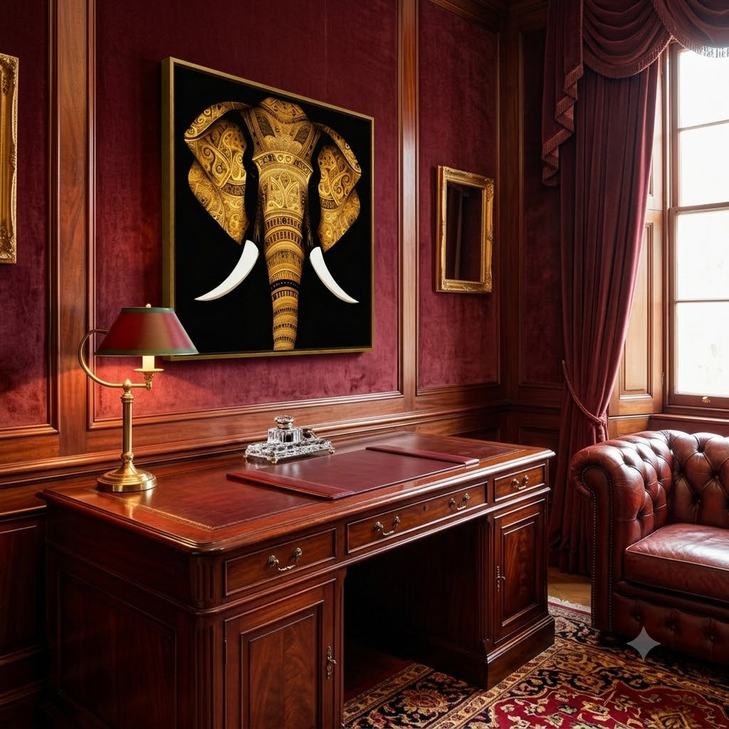 A framed wall art print of an ornate golden elephant on a black background, displayed in a richly decorated room with dark red velvet walls, a wooden desk, a brass lamp, and a leather armchair.