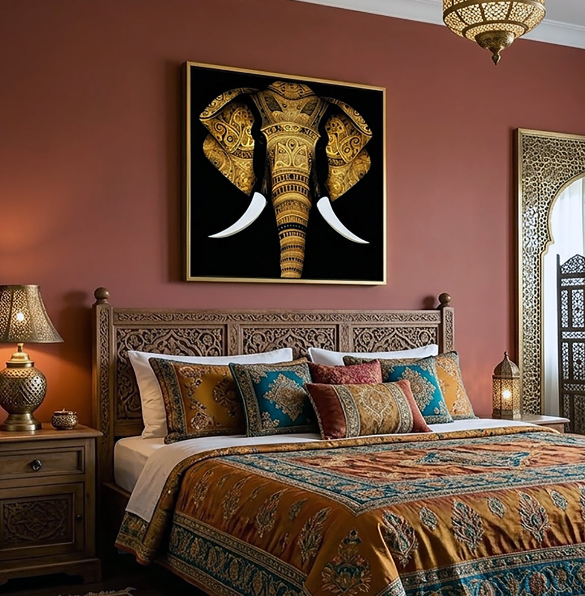 A large framed wall art print of a golden elephant on a black background, displayed above a carved wooden headboard in a richly decorated bedroom with warm terracotta walls, patterned bedding, and ornate lamps.