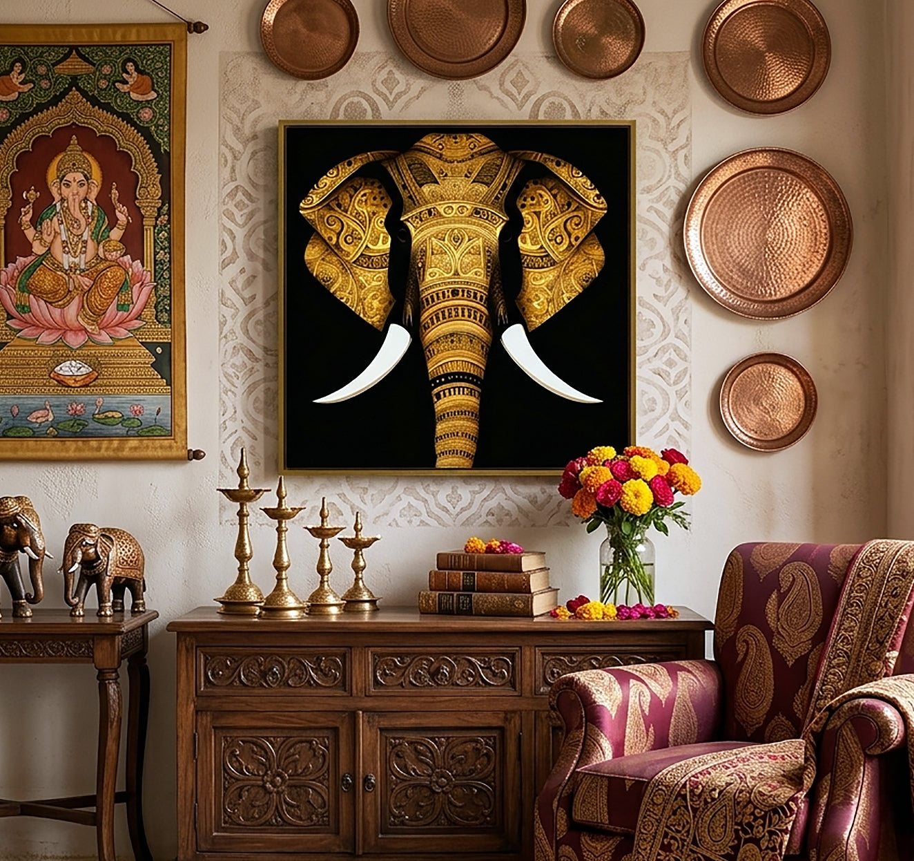 A framed wall art print featuring a golden elephant on a black background, displayed in a styled living room setting above a wooden console table with decorative items and a patterned armchair.