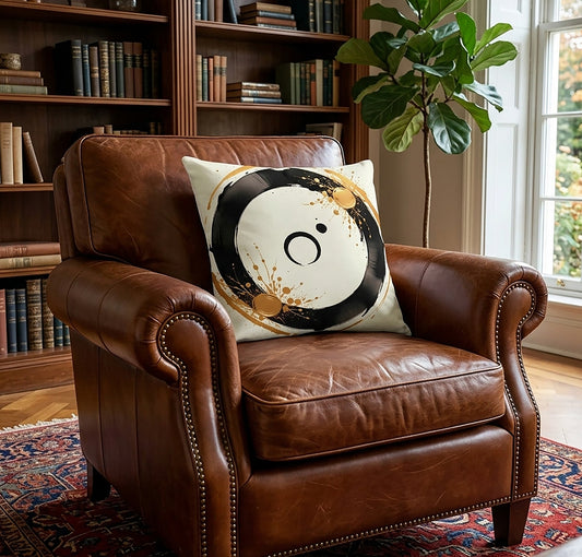 Gold Splattered Japanese Ink Enso Circle Decorative Premium Pillow