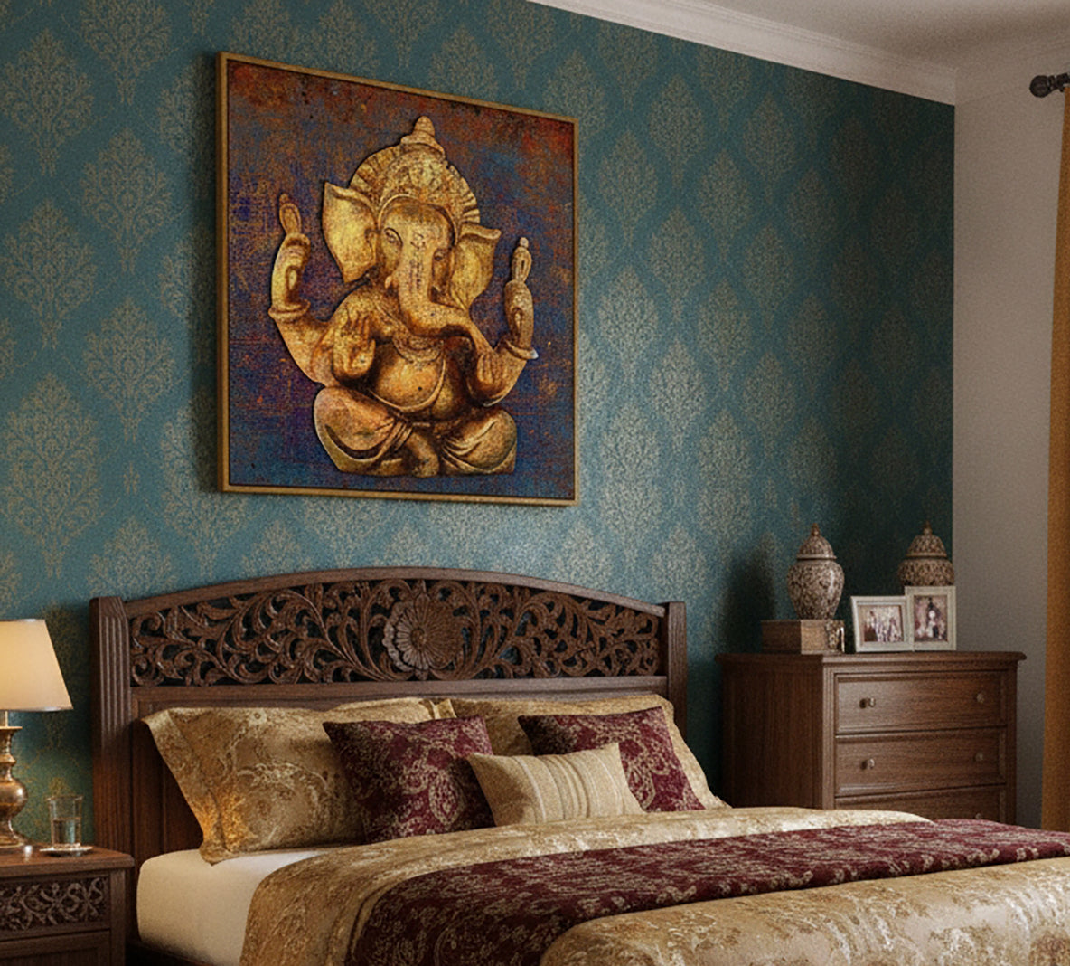 A bedroom scene with a large framed wall art piece featuring a gold-toned Ganesha statue on a blue patterned wall above a dark wood bed. The room includes matching wood furniture, pillows, and decorative vases.