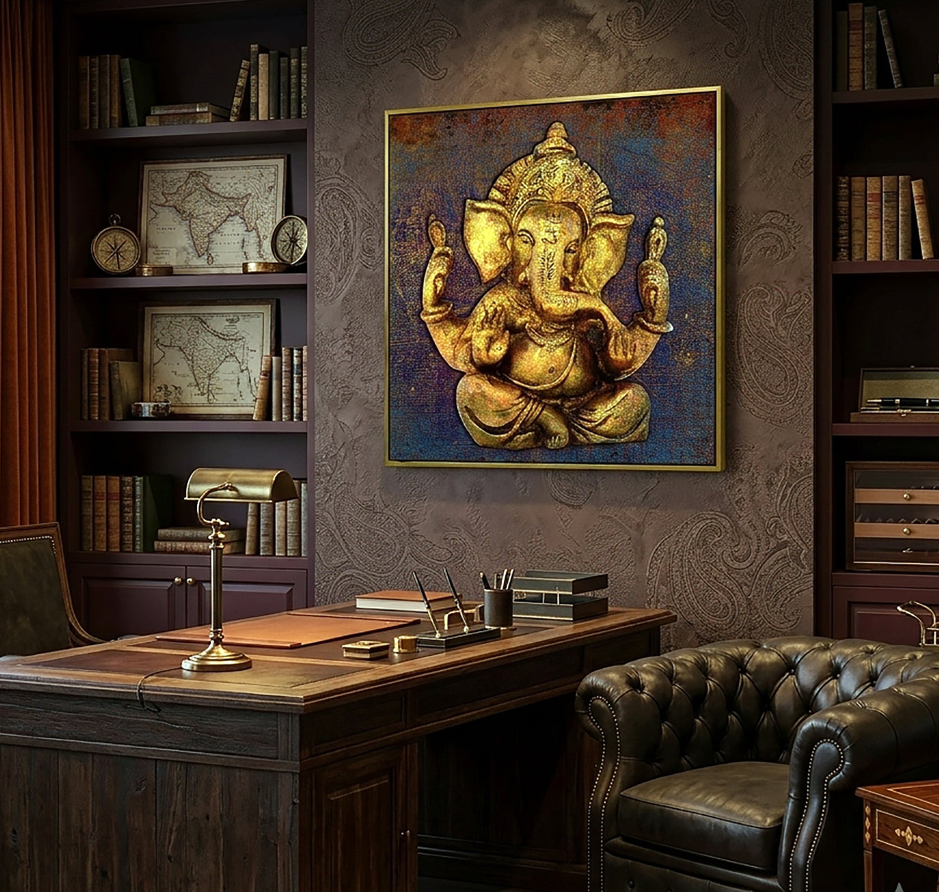 A framed canvas art print of a golden Ganesha statue on a textured dark brown wall in a classic, vintage-style study with a wooden desk, leather armchair, and bookshelves.