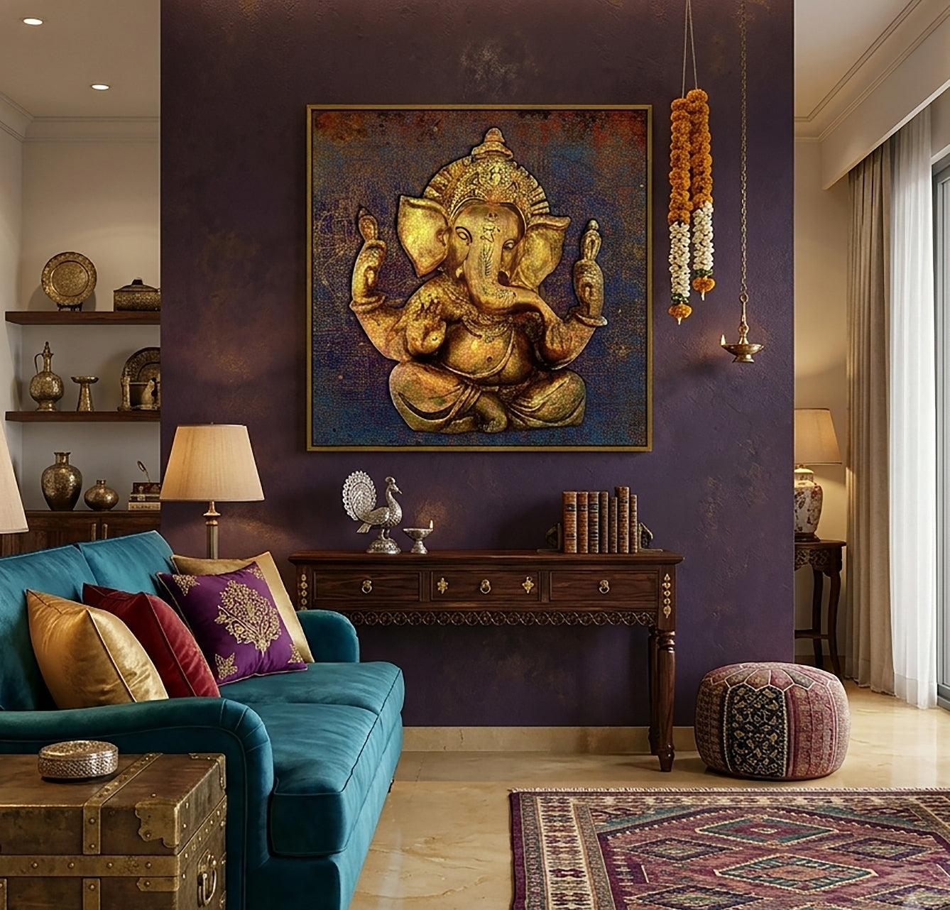 A large framed wall art piece depicting a golden Ganesha on a dark textured background, displayed in a styled living room with a teal sofa, wooden console table, and patterned rugs.