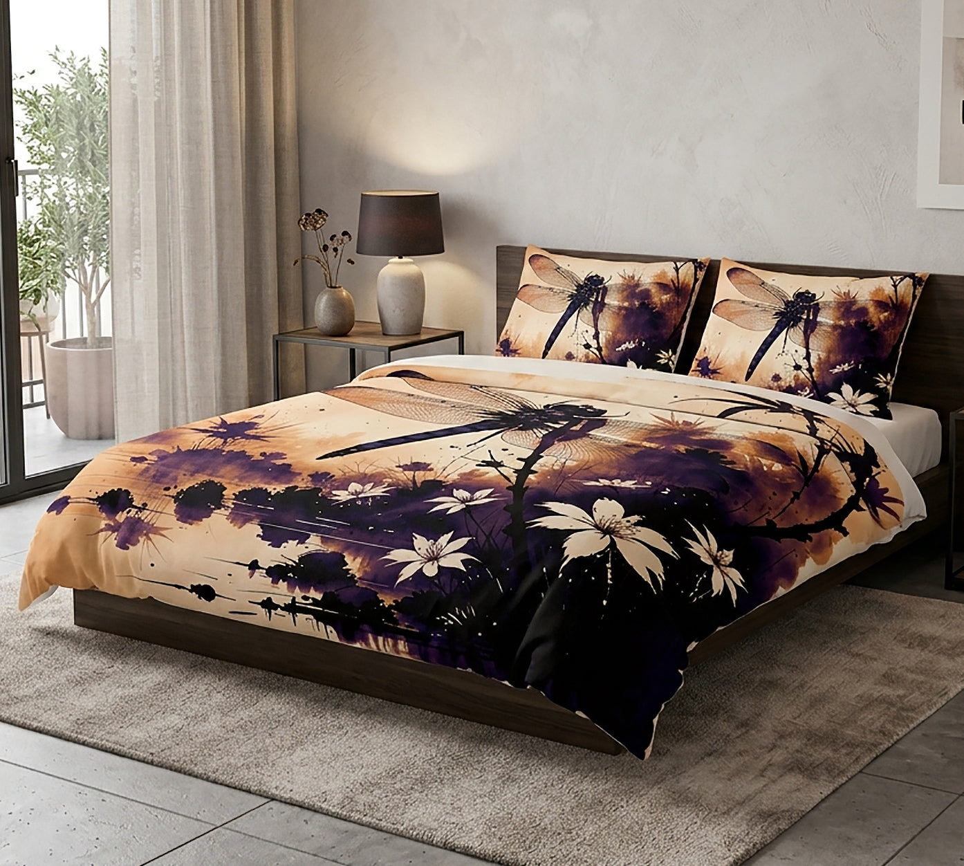 A bed dressed in a printed duvet cover and two matching pillowcases, shown in a styled bedroom. The bedding features a dark watercolor-style design with dragonflies, black silhouettes, and white flowers over a warm beige and brown background.