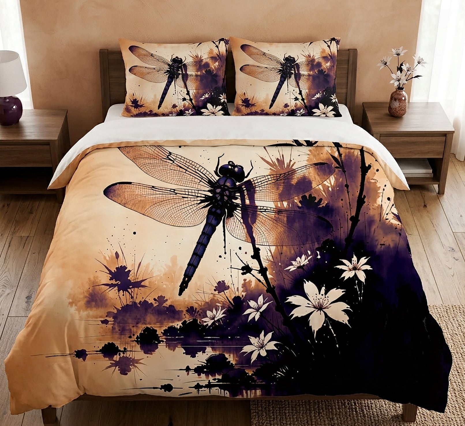 A bed dressed in a printed duvet cover and two matching pillowcases featuring a large dragonfly and floral artwork in black, purple, and warm beige tones, shown in a styled bedroom setting.