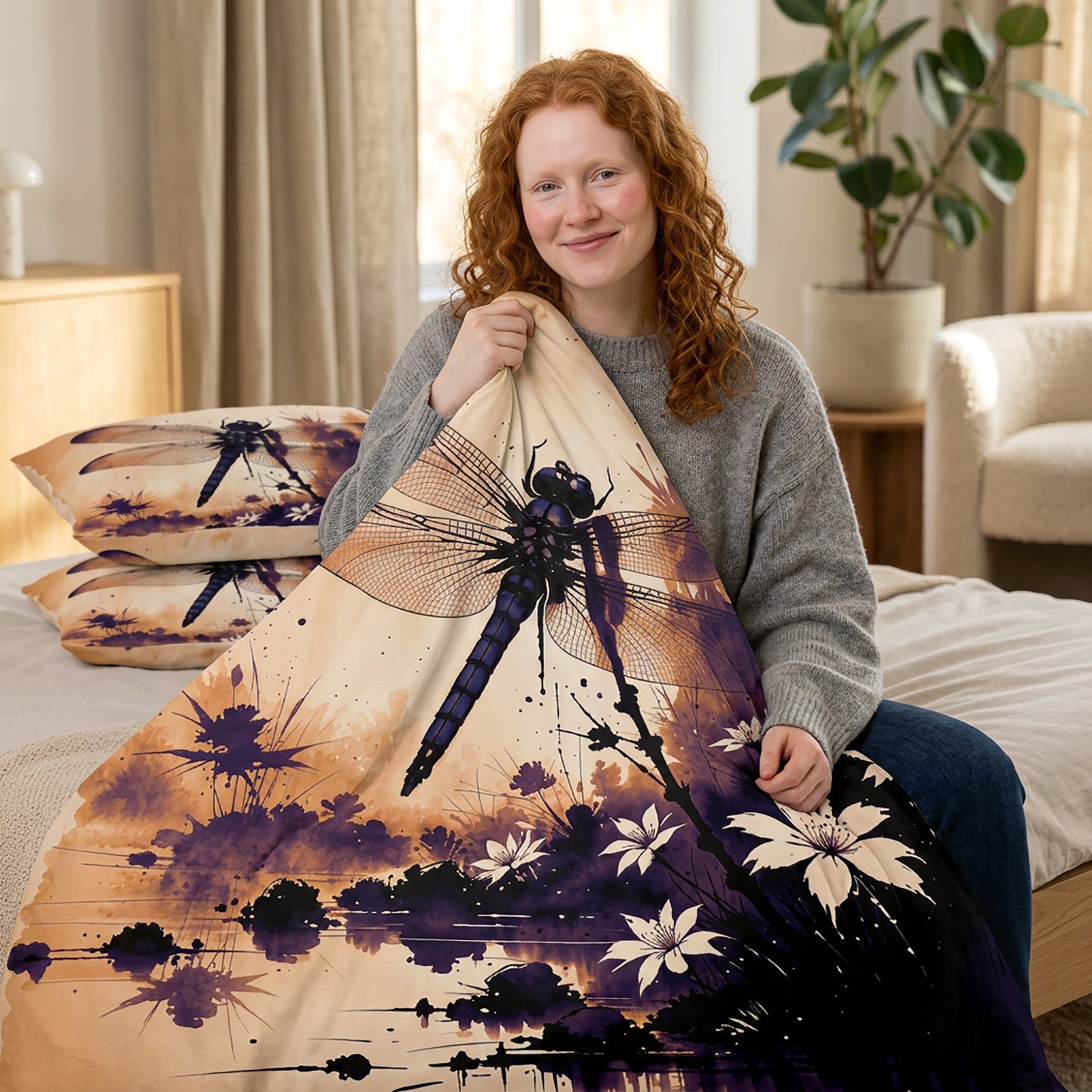 A woman with curly red hair sits on a bed holding a large printed blanket featuring a large dragonfly and floral watercolor design in beige, purple, and black. Two matching pillowcases are visible behind her in a softly lit bedroom.