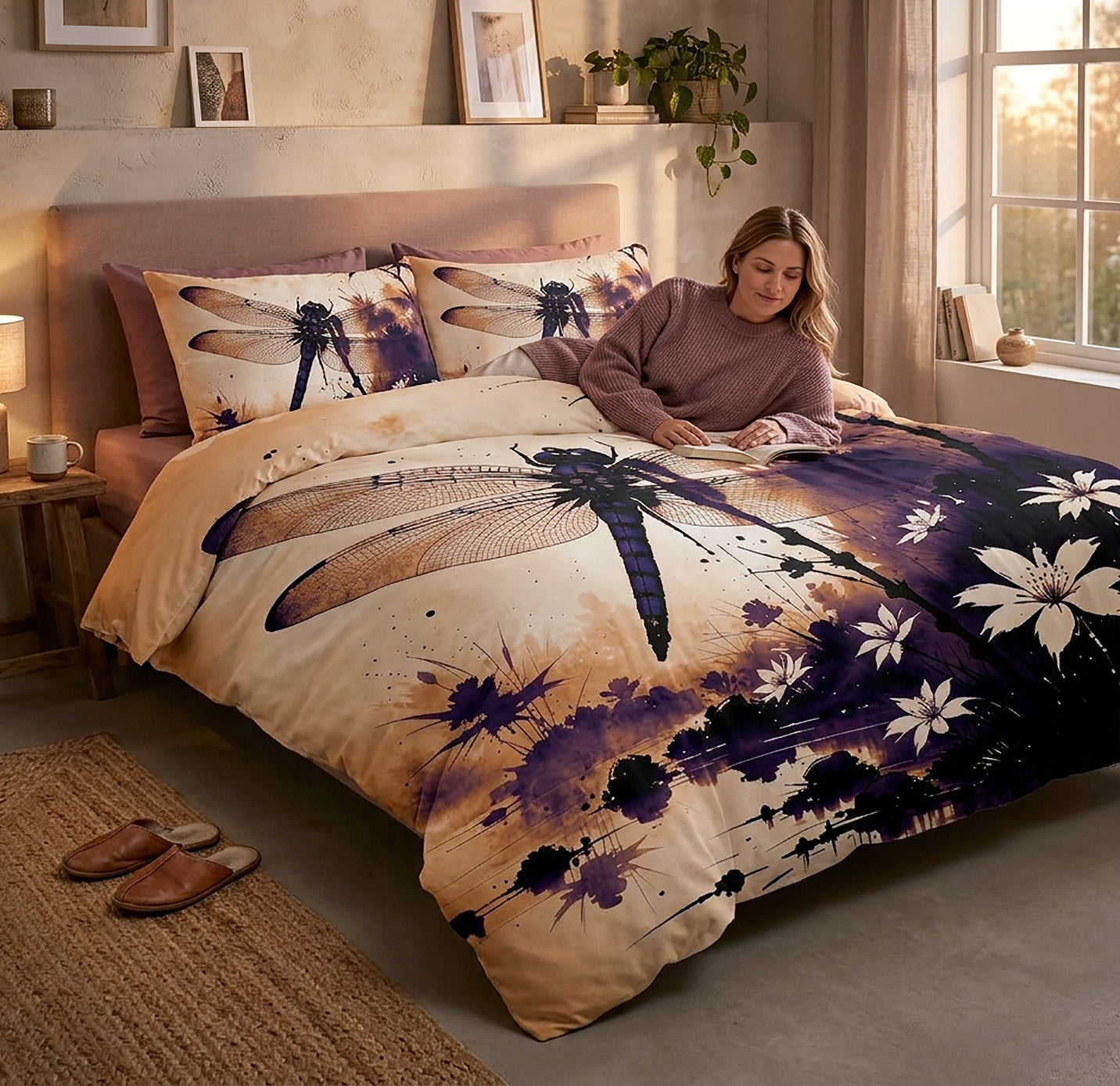 A woman lies on a bed in a warmly lit bedroom wearing a mauve sweater, with a large dragonfly and white floral duvet cover design. The bedding set includes matching pillowcases with dragonfly prints, and the room has a window, bedside lamp, and rug.