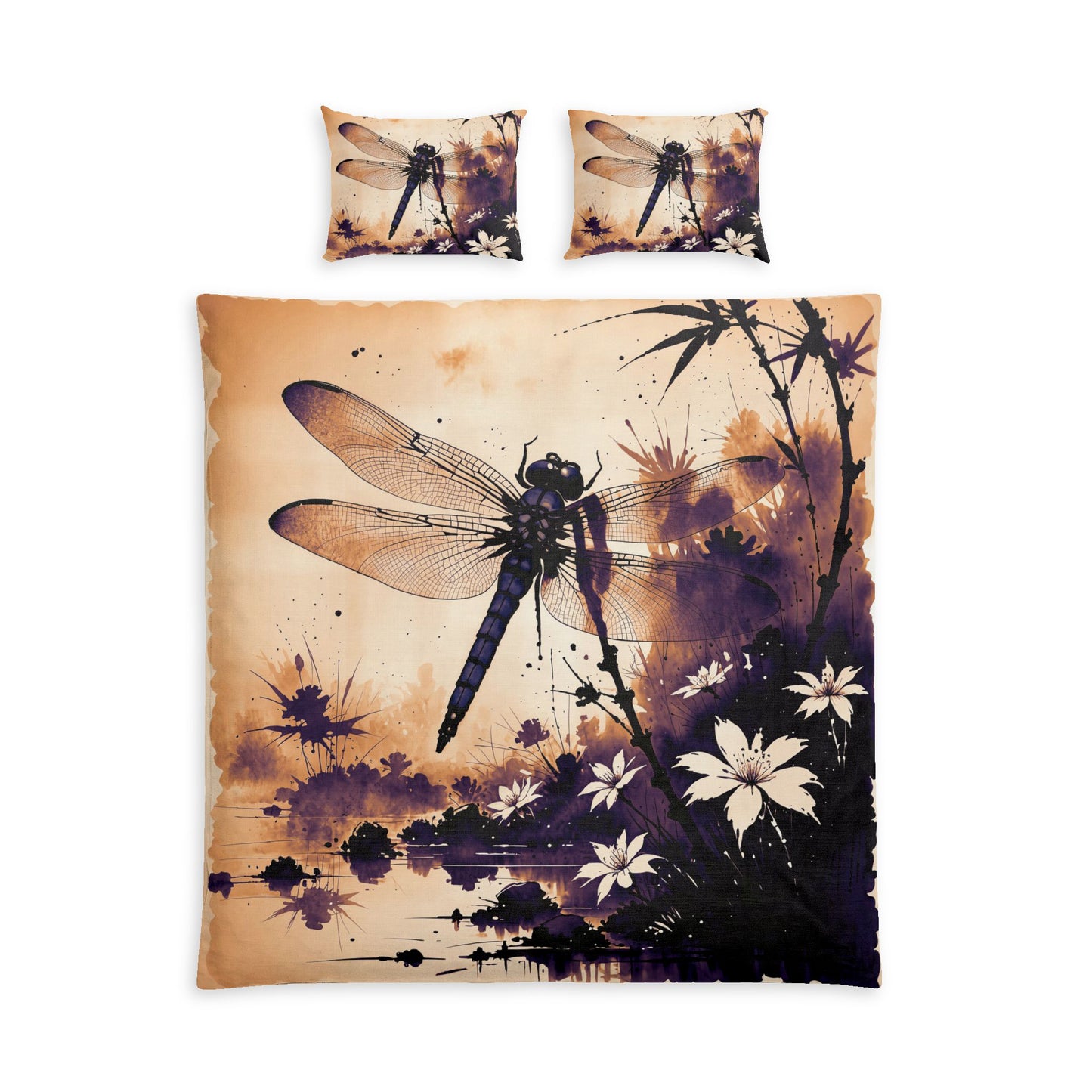 A bedding set featuring a duvet cover and two matching pillowcases, all printed with a detailed dragonfly and floral design on a warm beige background. Queen size