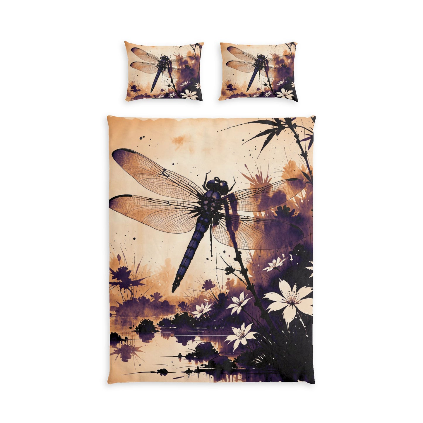 A bedding set featuring a duvet cover and two matching pillowcases with a printed dragonfly and floral landscape design in earthy beige, purple, and black tones, shown on a plain white background. Twin
