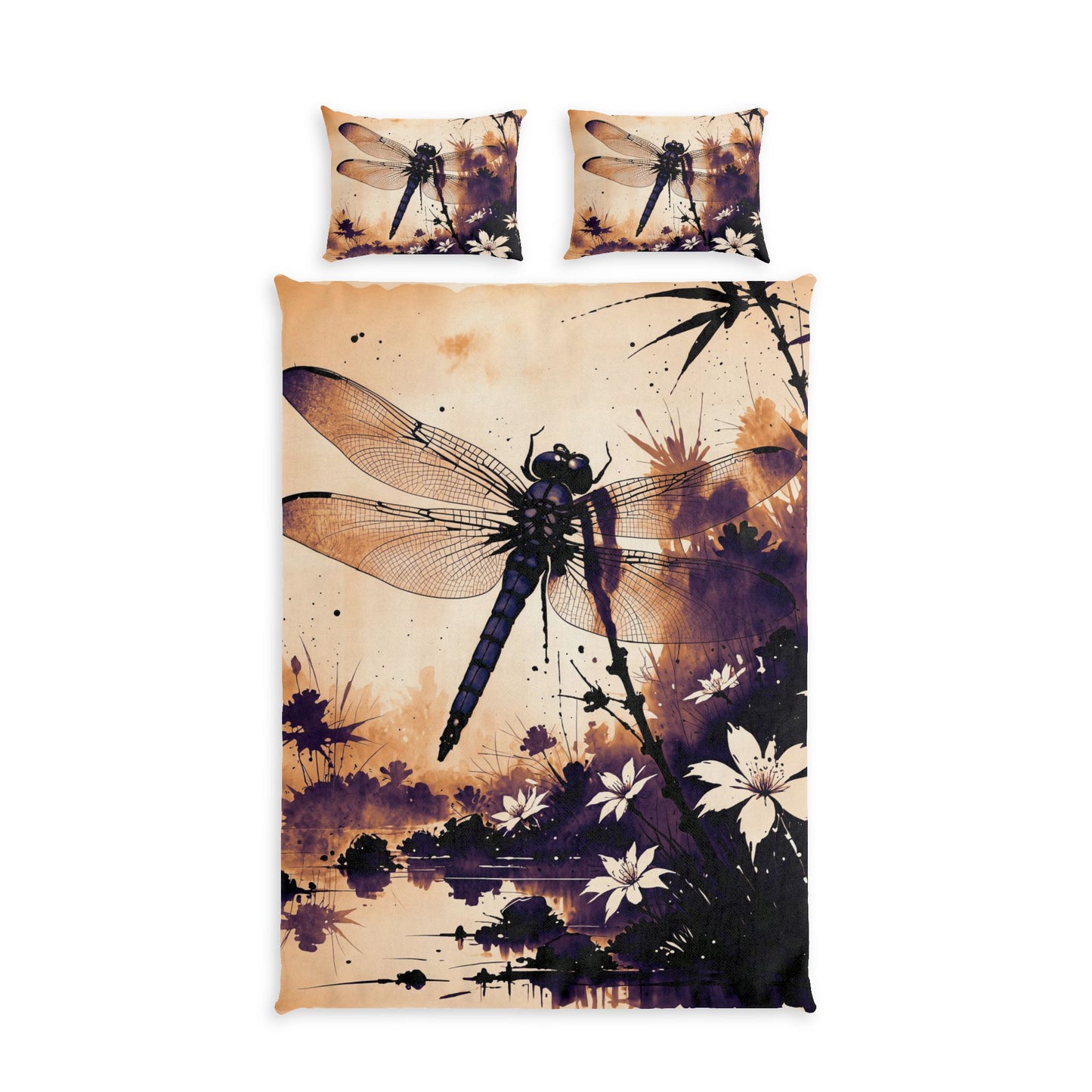 A bedding set featuring a duvet cover and two matching pillowcases with a detailed dragonfly print over a warm beige and dark purple watercolor-style landscape. Twin XL