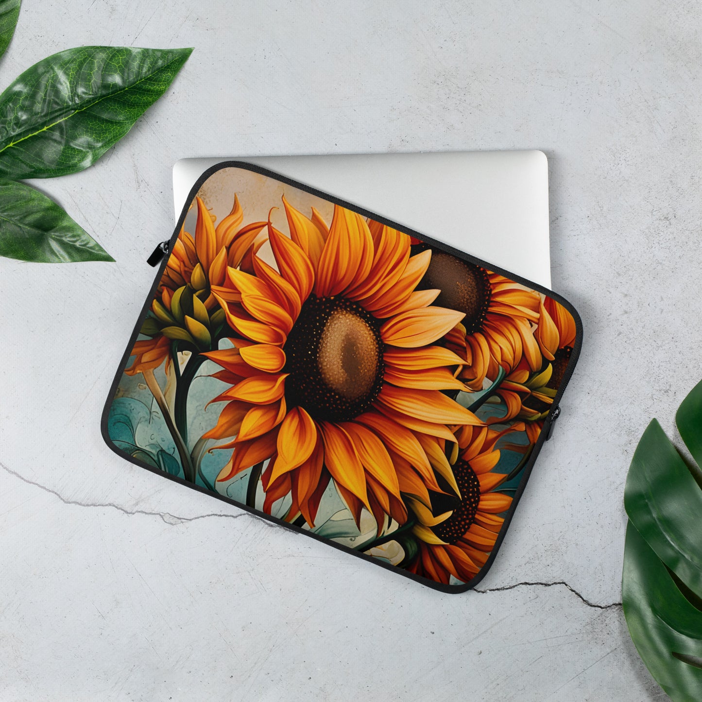 Sunflower Crop on Distressed Blue And Copper Background Printed on Neoprene Sleeve 13 inches