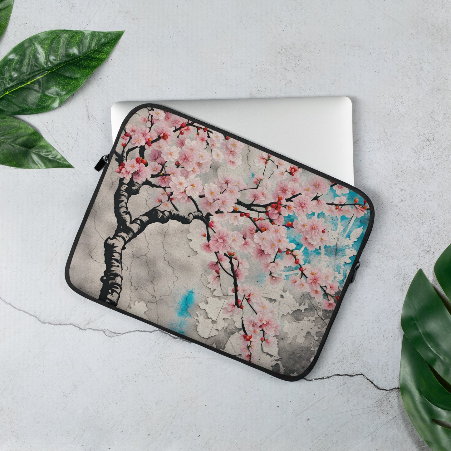 Floral Themed Laptop Sleeve - Street Art Style Cherry Blossom Computer Bag 13 inches