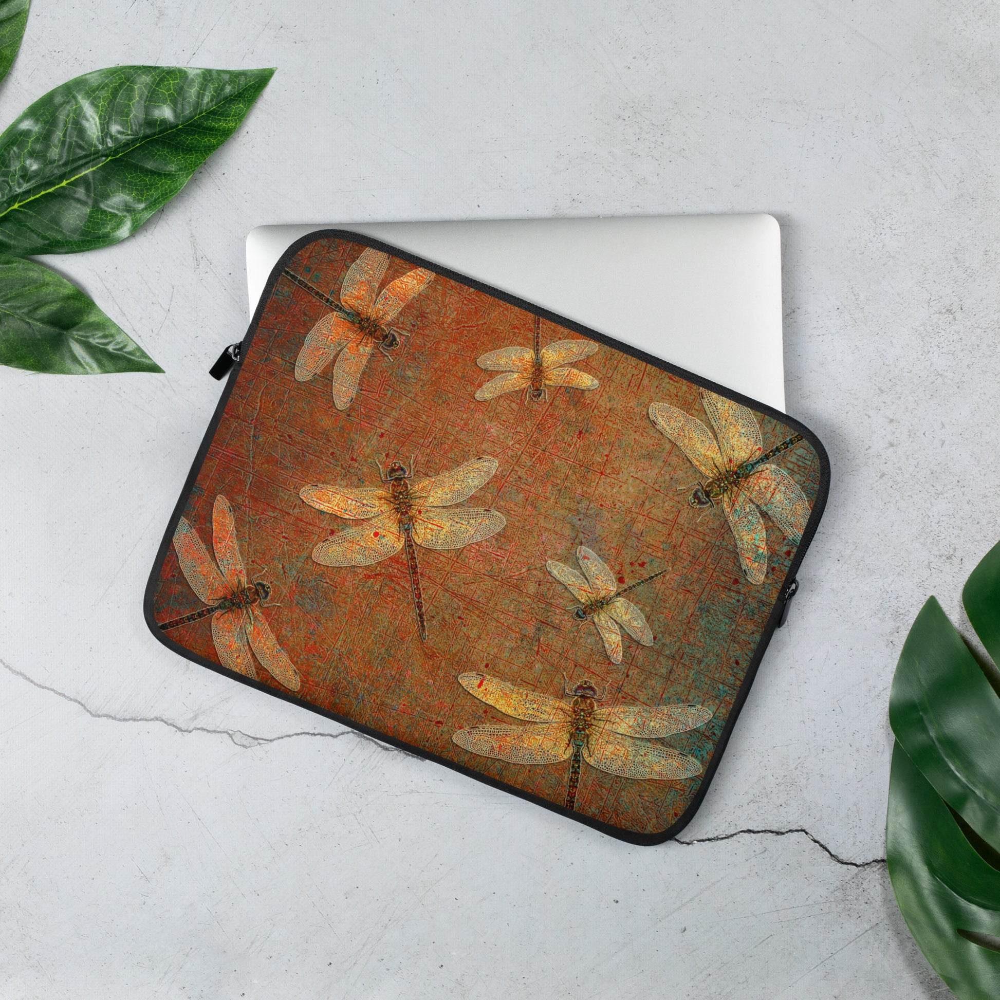 Golden Dragonflies on Orange and Green Background Laptop and Tablet Sleeve Bag 13 inches
