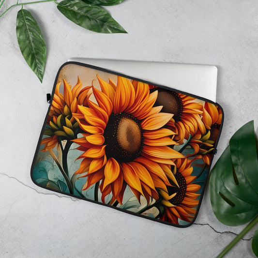 Sunflower Crop on Distressed Blue And Copper Background Printed on Neoprene Sleeve 15 inches