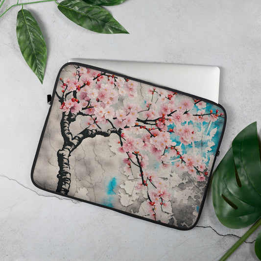 Floral Themed Laptop Sleeve - Street Art Style Cherry Blossom Computer Bag 15 inches