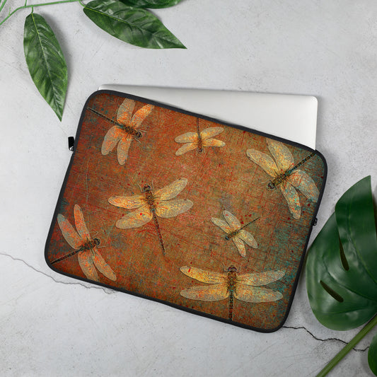 Golden Dragonflies on Orange and Green Background Laptop and Tablet Sleeve Bag 15 inches