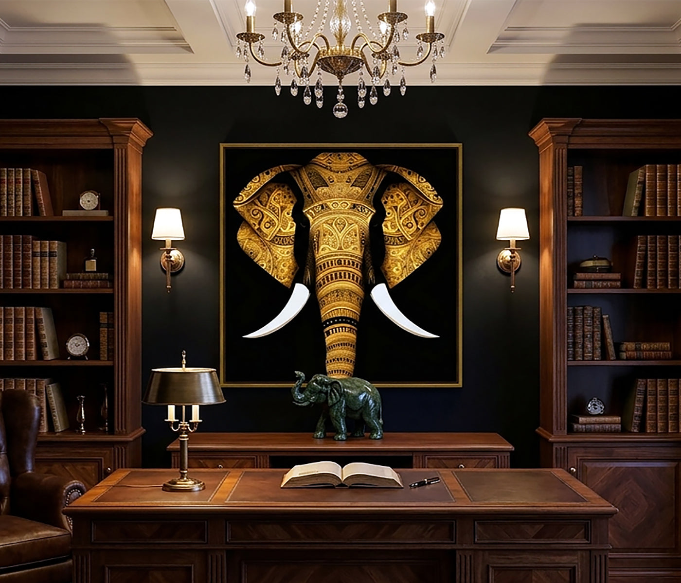 A large framed wall art piece featuring a golden elephant head with white tusks, displayed in a dark study with wooden bookshelves, a desk, lamps, and a chandelier.
