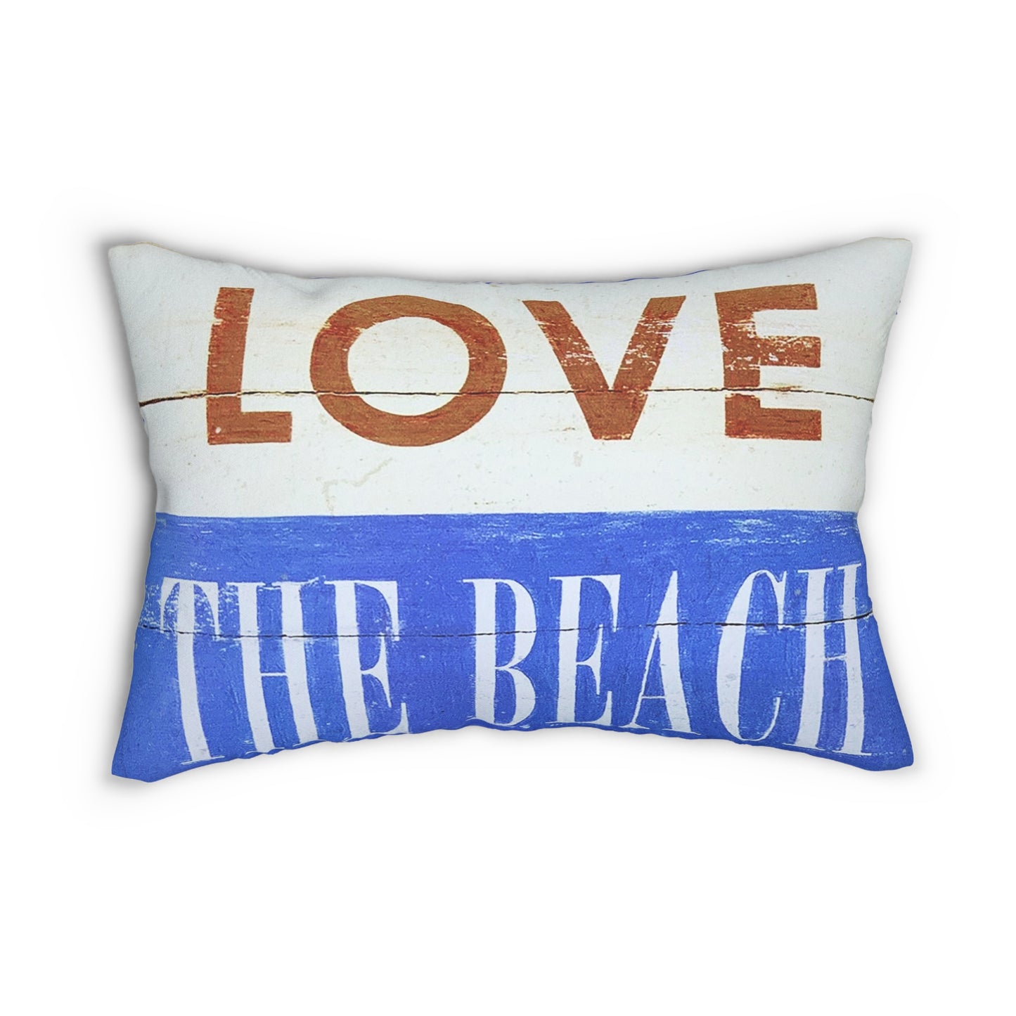 Decorative pillow with 'Love The Beach' text on a white background