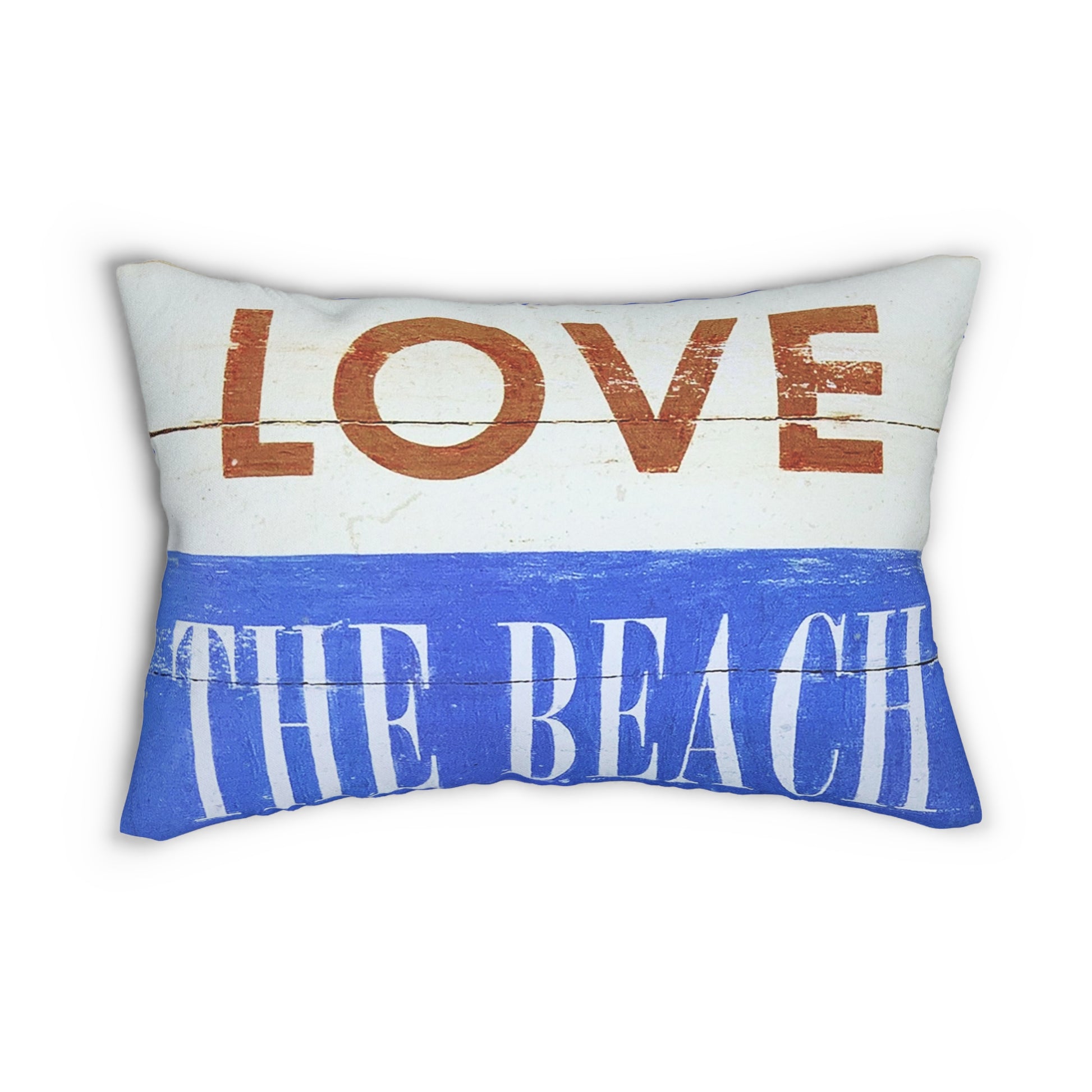 Decorative pillow with 'Love The Beach' text on a white background