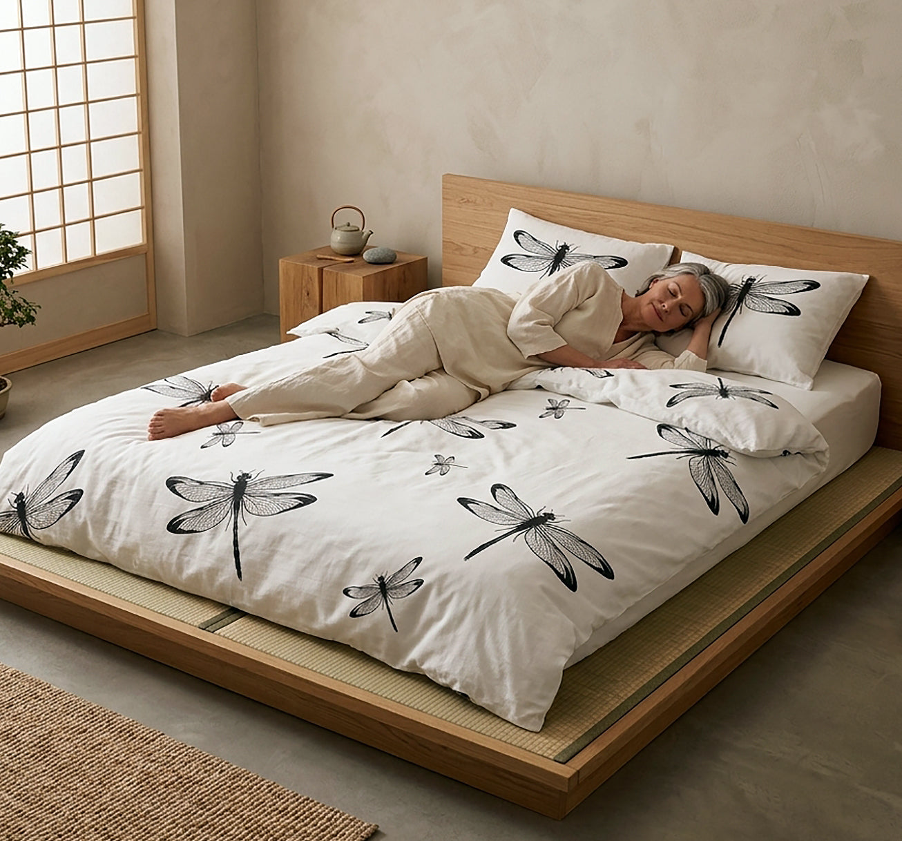 A woman in cream pajamas lies on her side on a bed with a white duvet and matching pillowcases printed with large black dragonfly motifs. The bed has a light wood frame and sits in a softly lit neutral bedroom with a shoji screen, small side table, and woven rug.