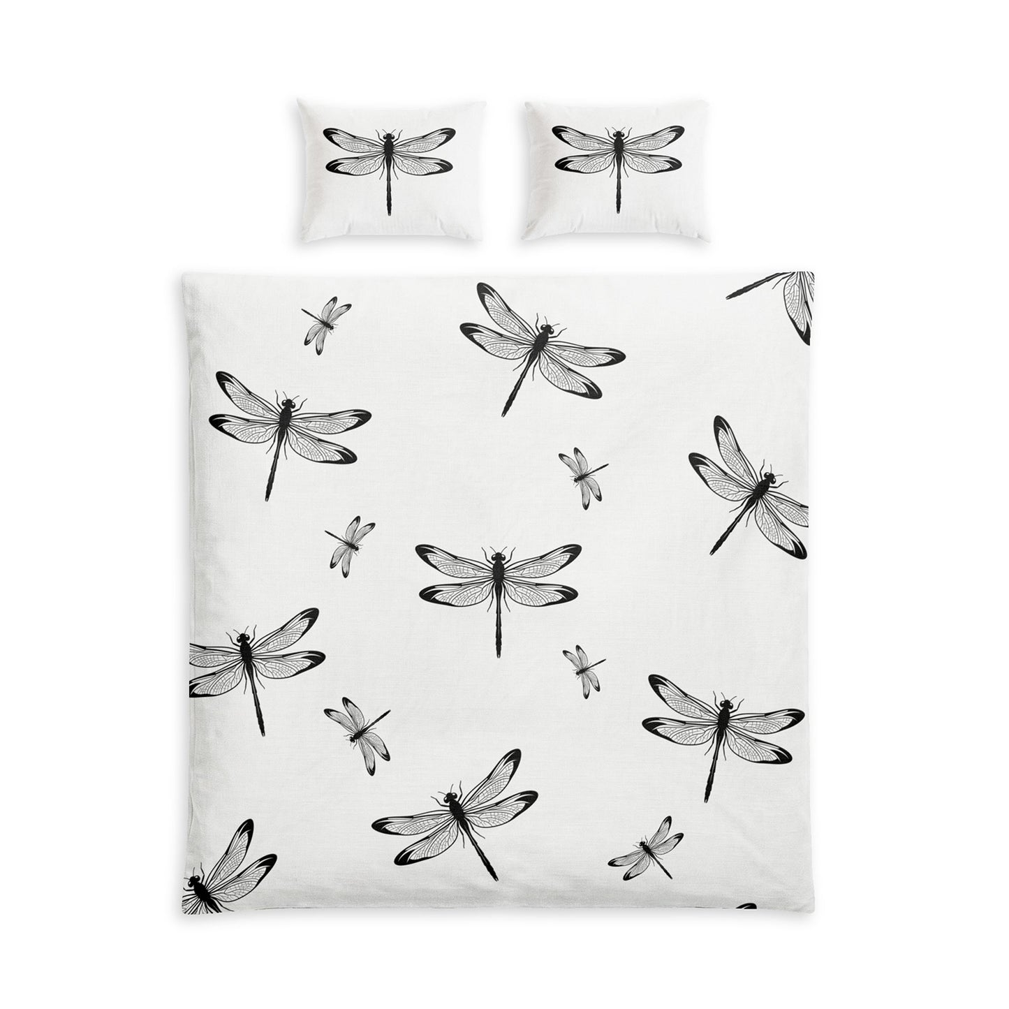 A bedding set featuring a duvet cover and two matching pillowcases, all printed with black dragonfly illustrations on a white background. Queen size
