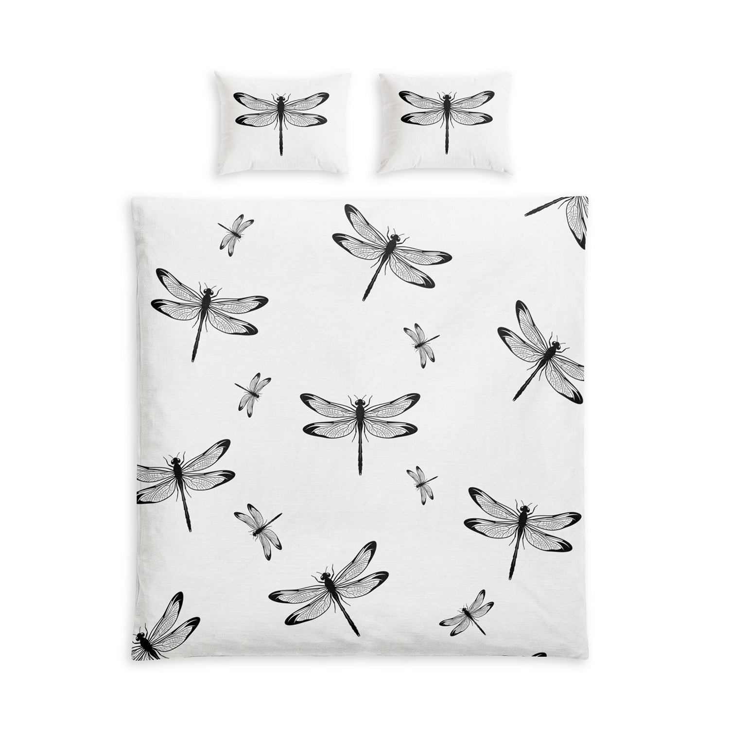 A bedding set featuring a duvet cover and two matching pillowcases, all printed with black dragonfly illustrations on a white background. Queen size