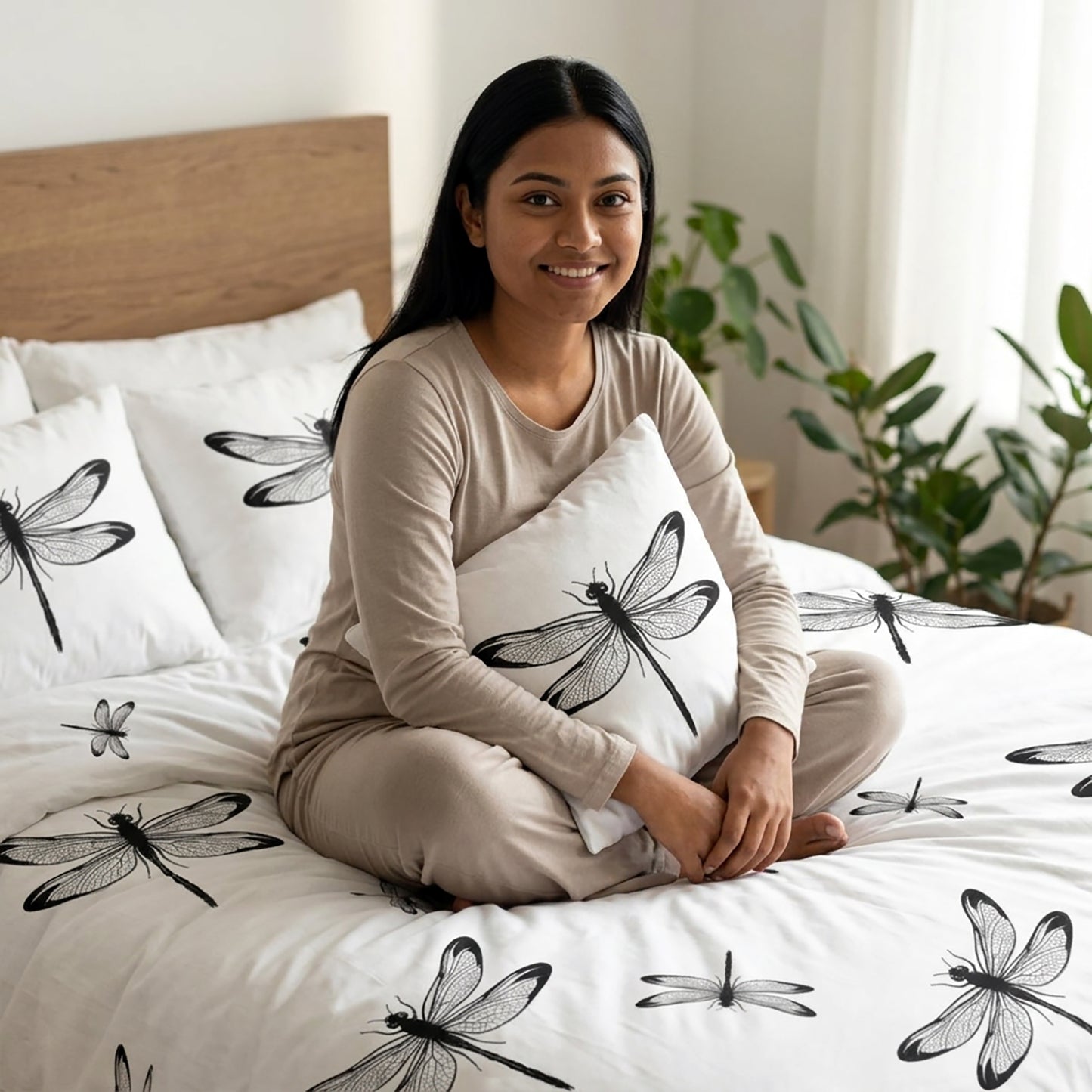 A woman sits cross-legged on a bed wearing beige pajamas and holding a white pillow with a black dragonfly print. The bed is covered in matching white bedding with black dragonfly motifs, with a wooden headboard, white curtains, and a green houseplant in the background.